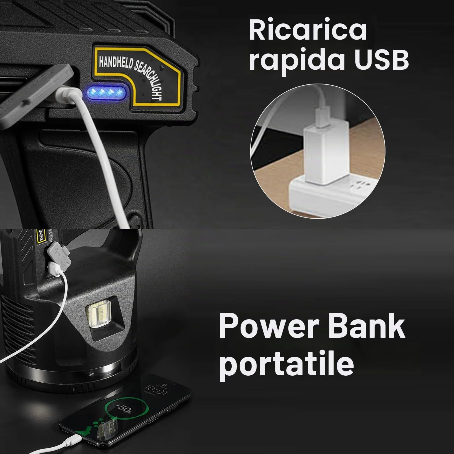 Torcia LED Ricaricabile con Proiettore - 1500 Lumen Super Luminosa, 6 Modalità, IPX7 Impermeabile, 4500mAh 25H, Luce COB, Treppiede Regolabile per Esterno, Sicurezza, Emergenza