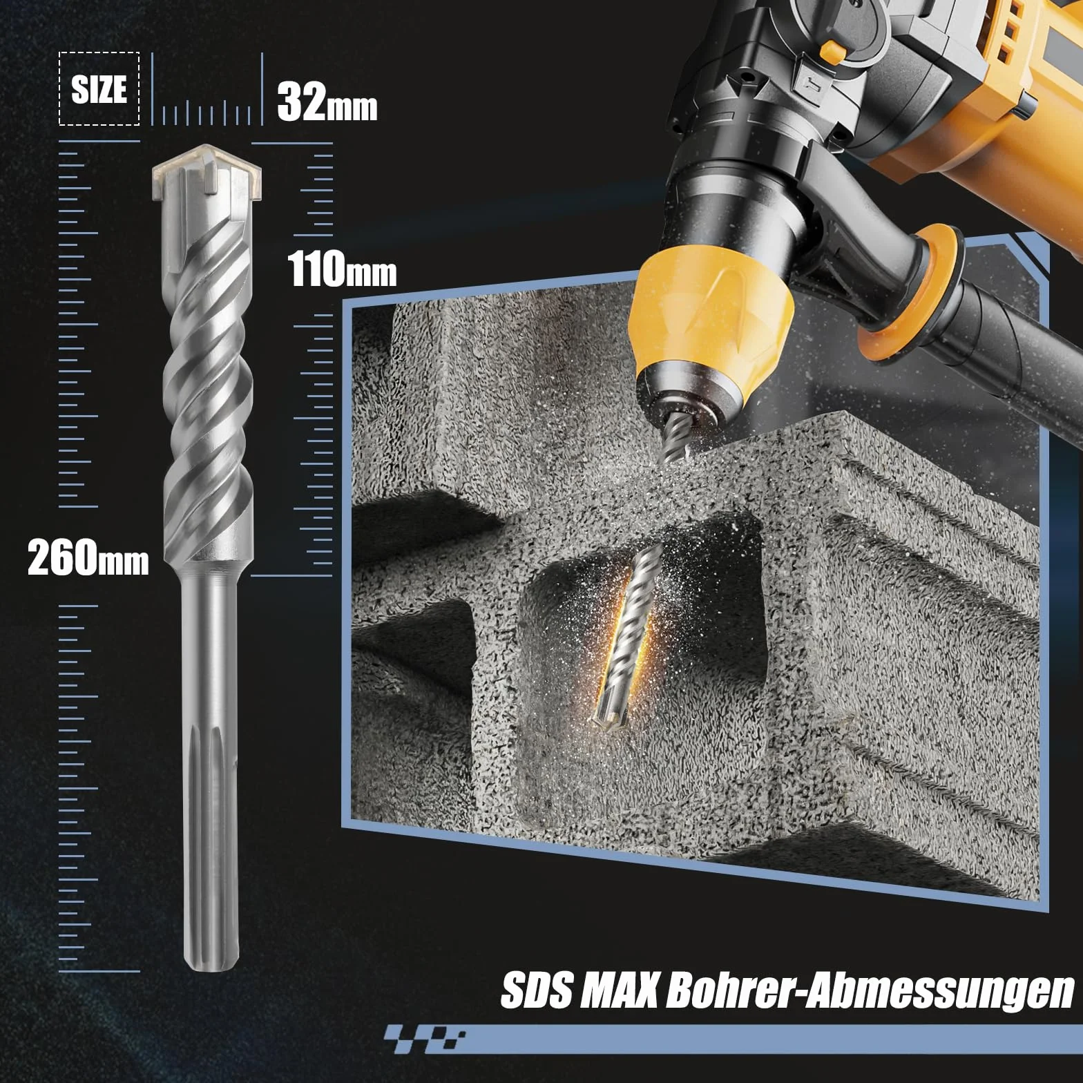 Punta SDS Max a doppia elica con 4 taglienti in carburo di tungsteno 32 x 260 mm per calcestruzzo pietra