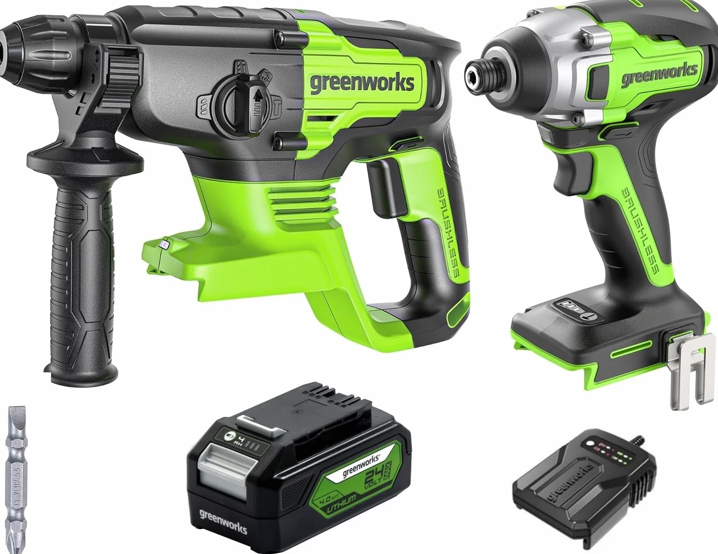 Greenworks Martello perforatore 24 V 2J Avvitatore a percussione 300 Nm Batteria 4 Ah Caricabatterie
