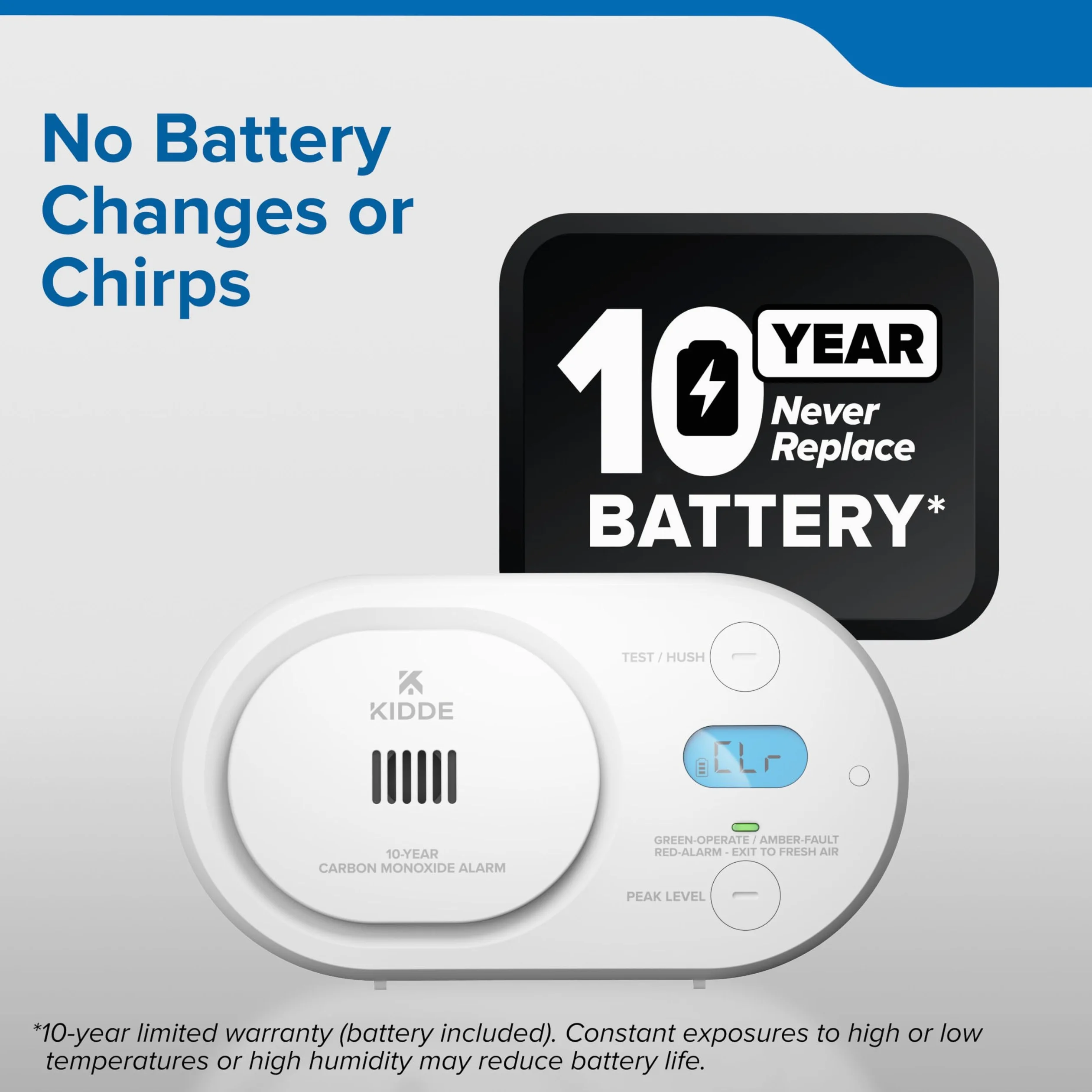 Kidde Rilevatore di monossido di carbonio, alimentazione a batteria per 10 anni, display digitale retroilluminato, indicatori di stato LED, allarme 85 dB, 5a edizione, COBD10