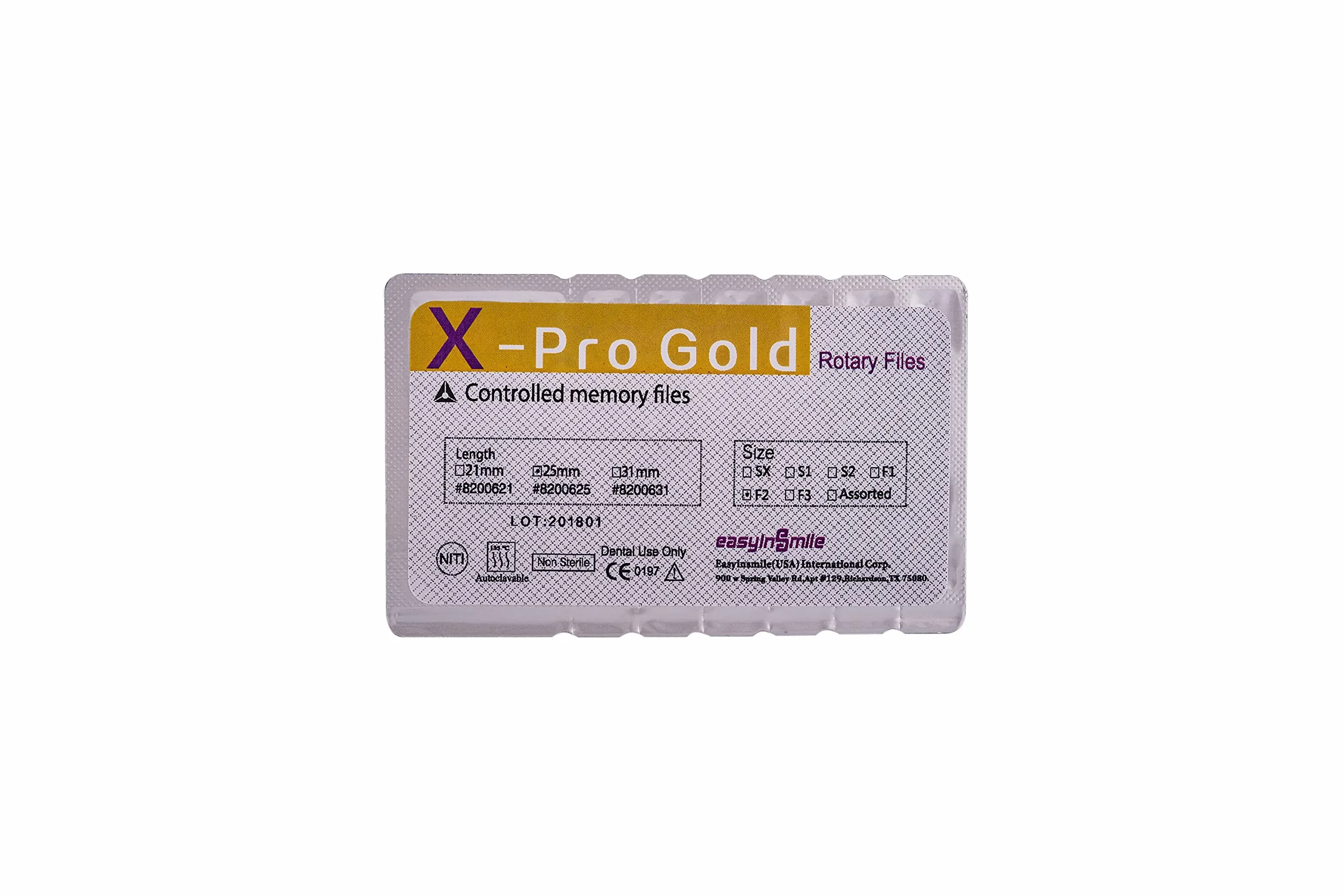 Easyinsmile X-Pro Gold Protaper NITI Rotary Files 6PCS Endo Controlled Memory File F2 25MM