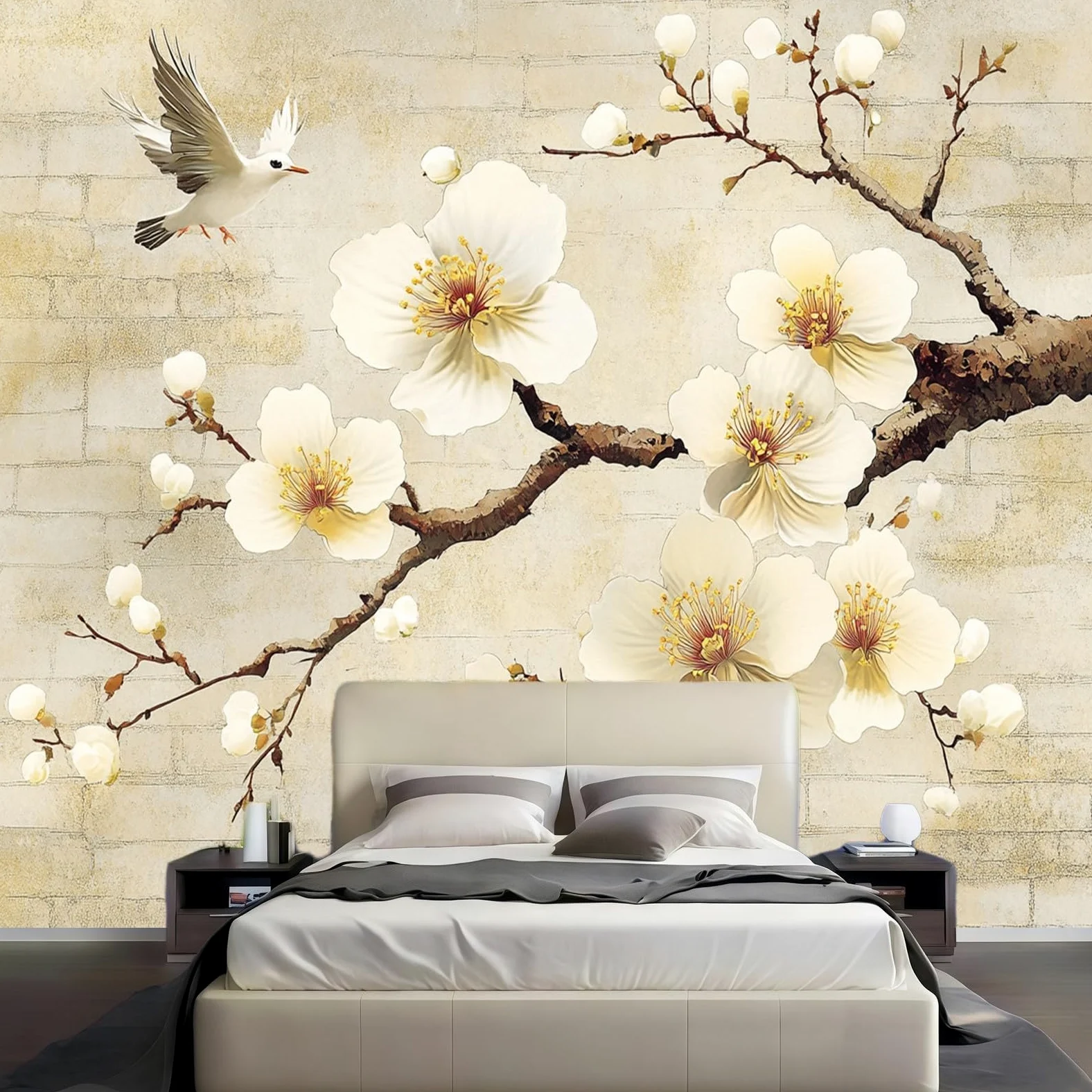 Carta da Parati Fiori astratti su muro di mattoni300 x 210 cm Fotomurale TNT Beige chiaro Decorazione Parete Moderna per Soggiorno Camera da Letto