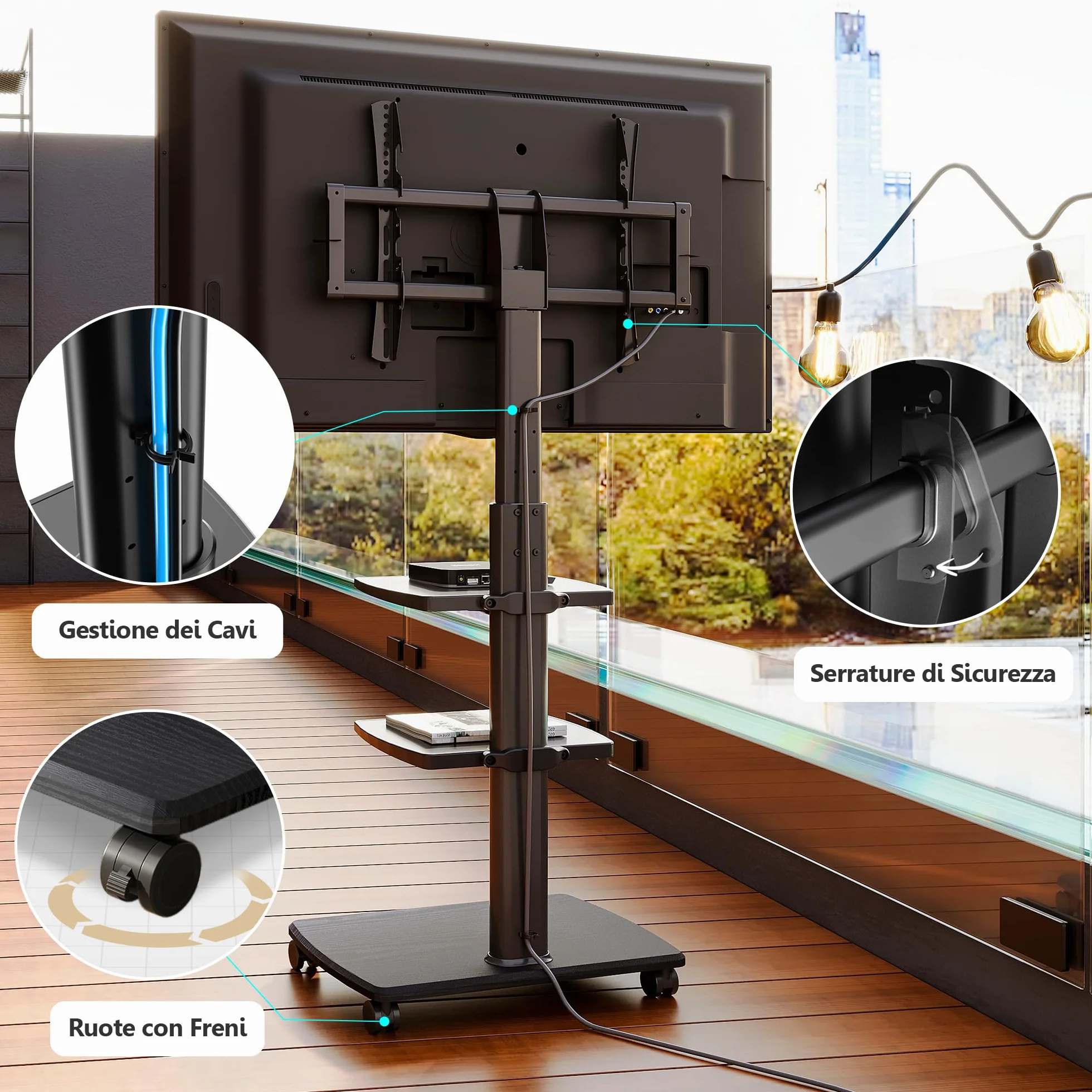 FITUEYES Supporto TV Da Pavimento Mobile Con 3 Ripiani Per TV 32–70 Pollici Fino A 40 Kg, Altezza Regolabile E Girevole, VESA Massimo 600×400, Ideale Per Appartamenti E Uffici