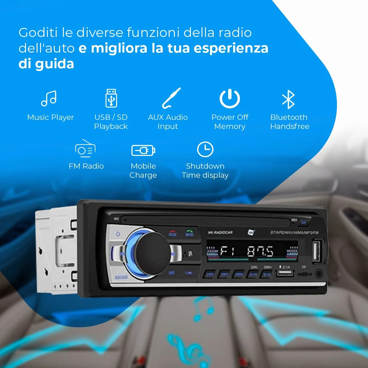 NK Autoradio Bluetooth 4.0 - 1 DIN - 4x40W - Funzione AUX, lettore MP3 e doppia porta USB, suono stereo FM, chiamate in vivavoce, telecomando, display LCD, iOS e Android