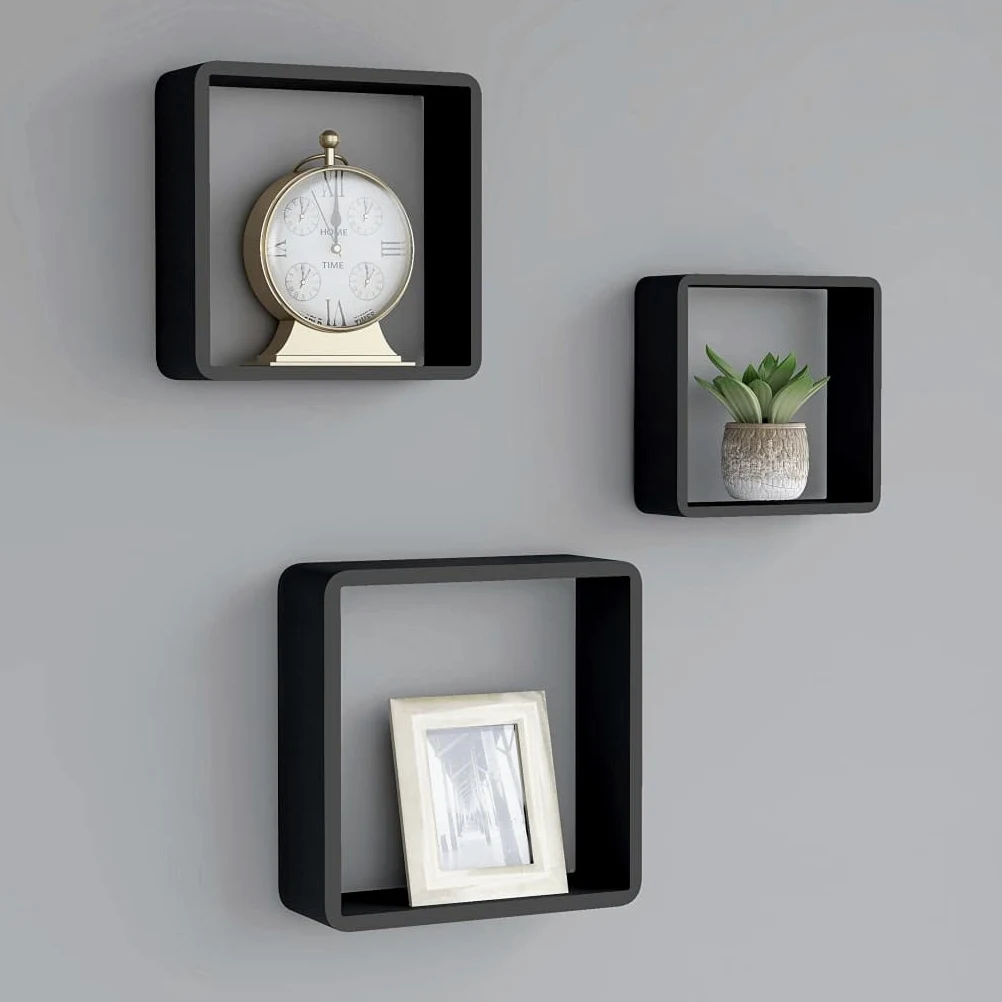 Scaffalature, mensole da parete e sporgenze, mensole cubiche da parete, 3 pezzi, in MDF nero