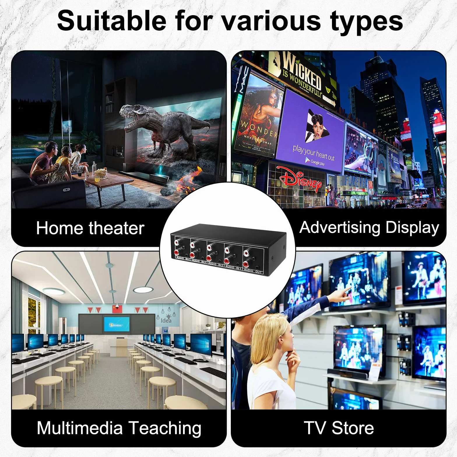 Aicharynic Interruttore Audio 4 in 1 out, Commutatore Audio 3,5 Mm Aux + RCA L/R, Interruttore Audio Bidirezionale, Scatola di Selezione Audio, Splitter Audio Video per Cuffie