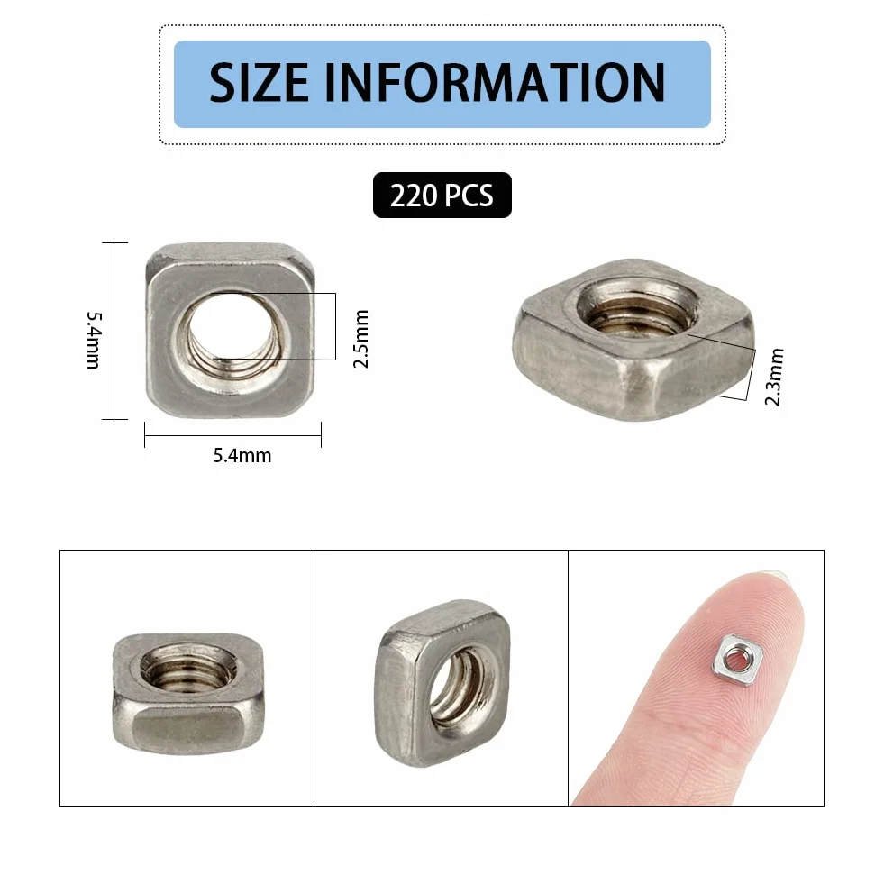 SUPERFINDINGS Circa 220 Pz Nakrętki Kwadratowe M3 ze Stali Nierdzewnej 5.4mm