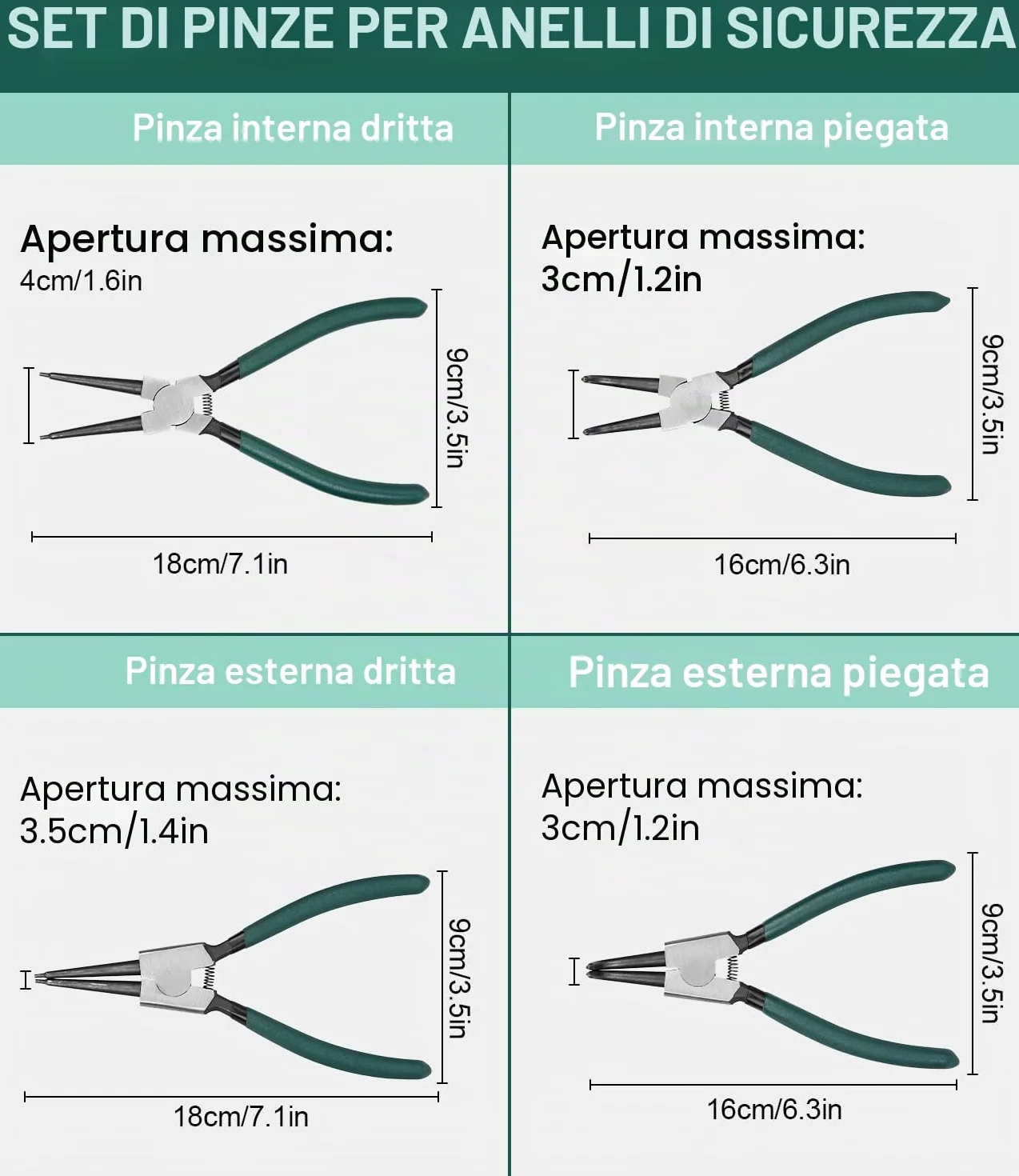 LEAZZLE Pinza per Seeger 180mm 4 Pezzi Set con Borsa Portatile