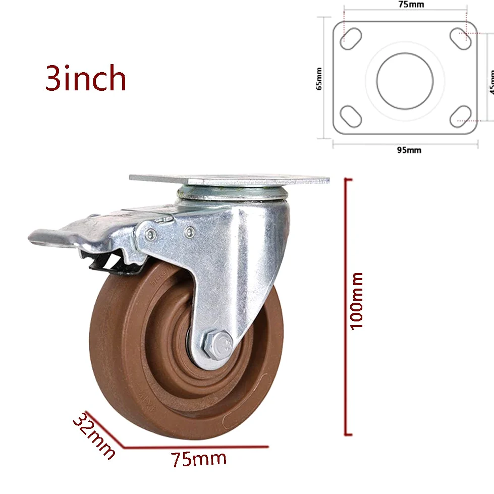 Ruote in Nylon Resistenti da 75 mm, 100 mm e 125 mm, capacità di carico 400-480 kg, silenziose, industriali, girevoli, con Freno, per mobili da Fabbrica, carrelli e forni (3'', 4'', 5'').