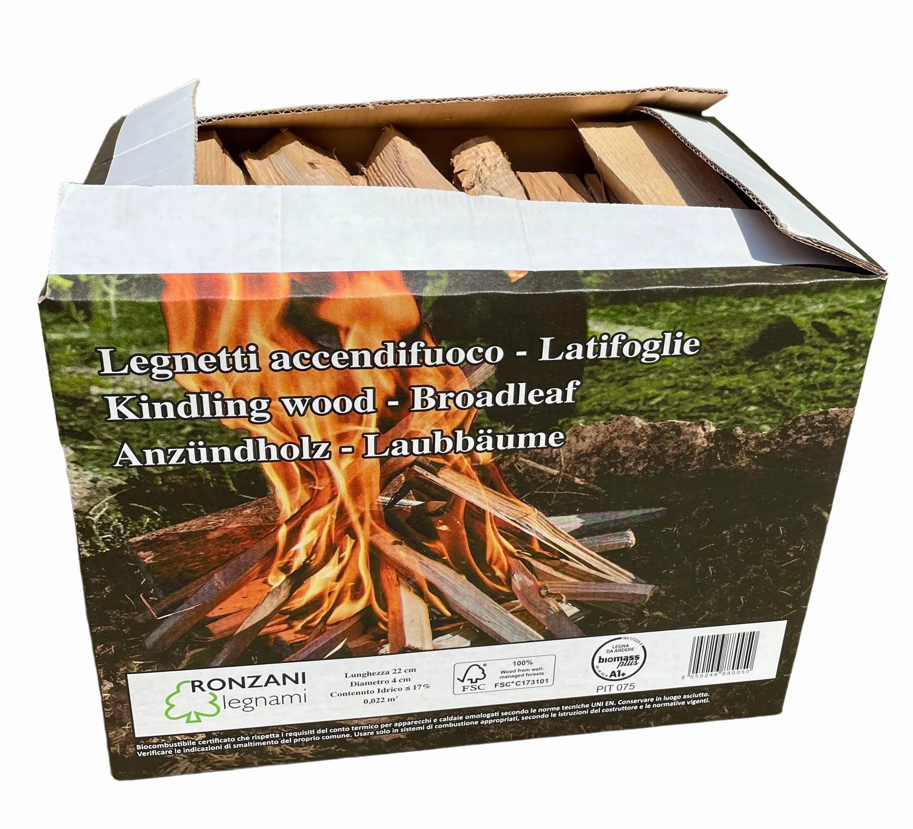 Legnetti Accendifuoco di Latifoglie - 22 cm - Certificati FSC e BiomassPlus - Naturali, Ecologici - Per Barbecue, Camini, Stufe e Forni - 100% legna secca e naturale - Bancale da 18 scatole