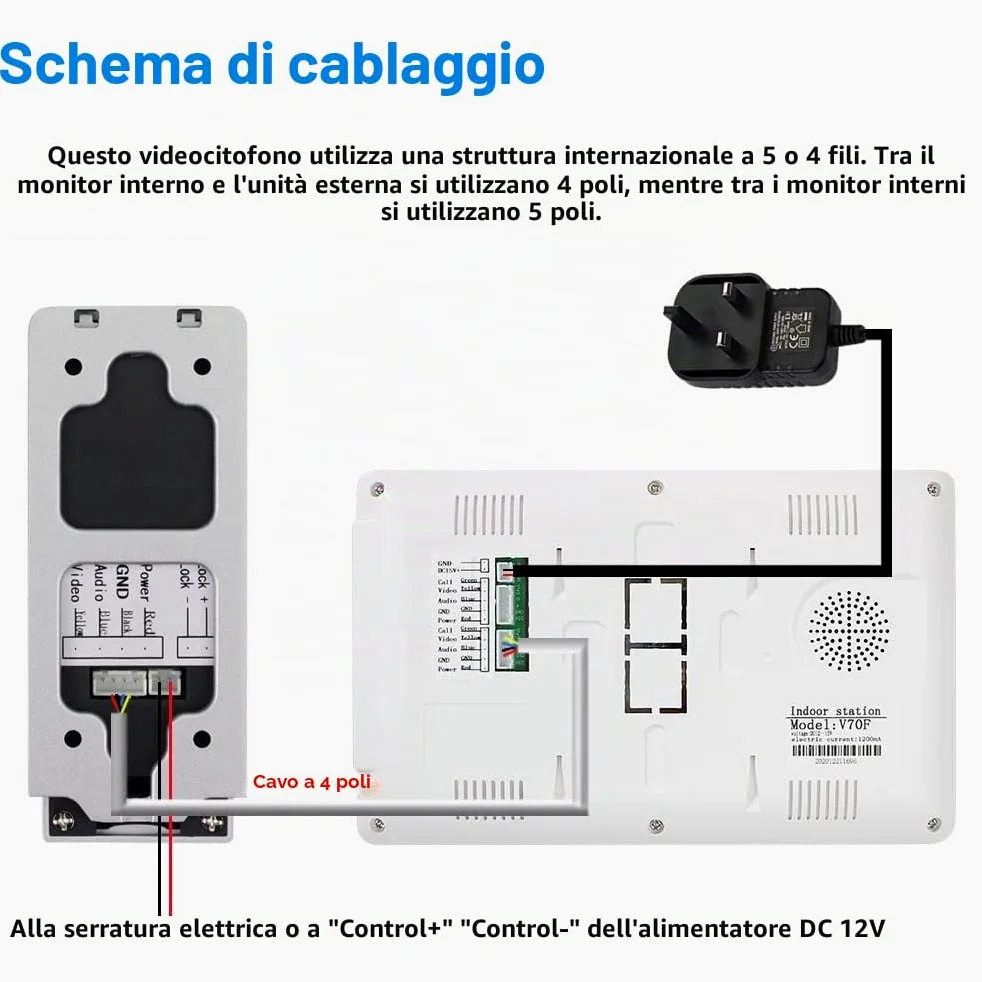 YiToo Videocitofono da 7 pollici Cablato Sistema di campanello per telefono del portello Un monitor per interni con una 700TVL fotocamera esterna, impermeabile a infrarossi visione notturna