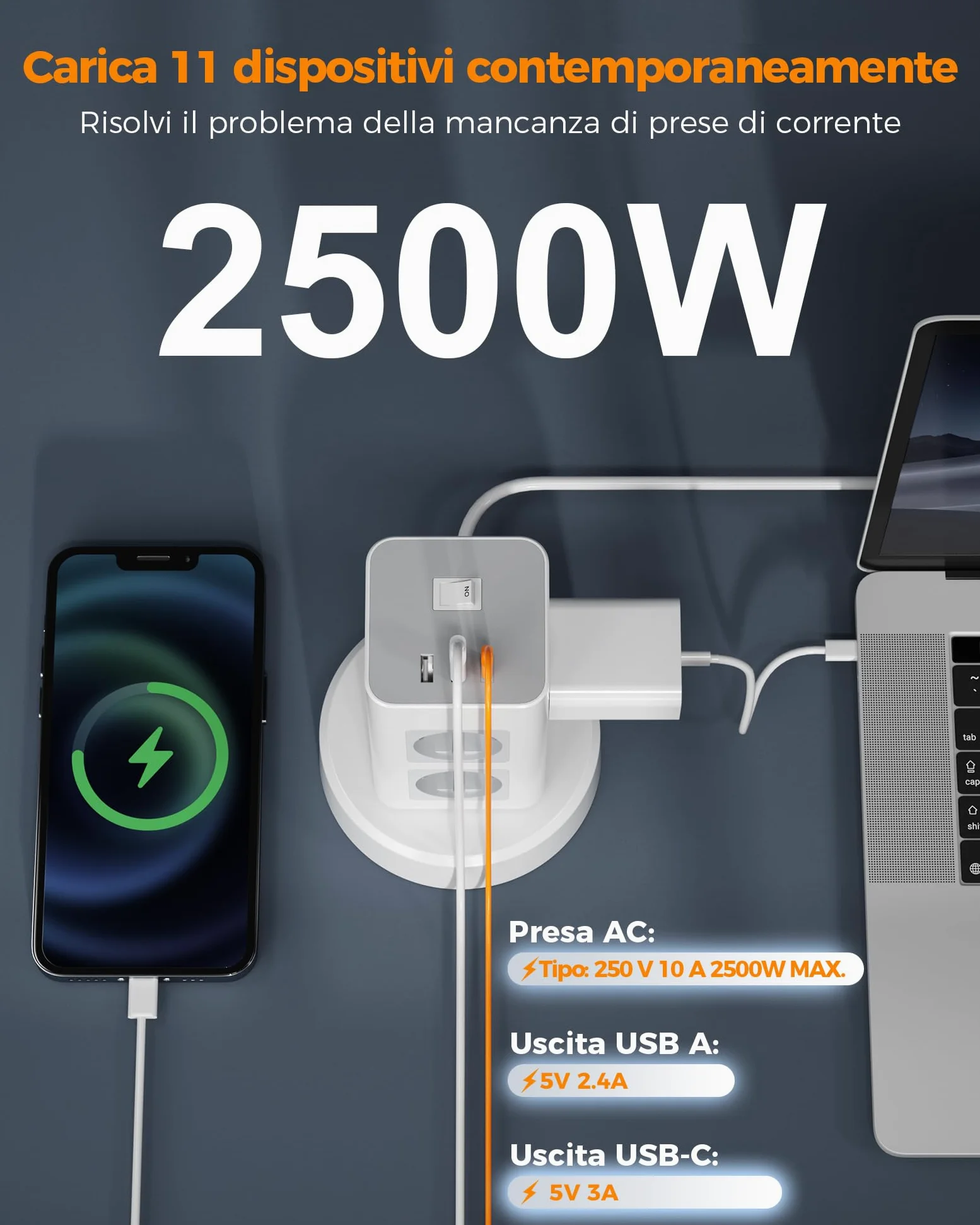 TESSAN Ciabatta Multipresa con 1 USB C, Ciabatta Elettrica con 8 Presa, Prolunga Retrattile 2M, Torretta Multipresa da Scrivania con 1 Interruttori Indipendenti, Girgio