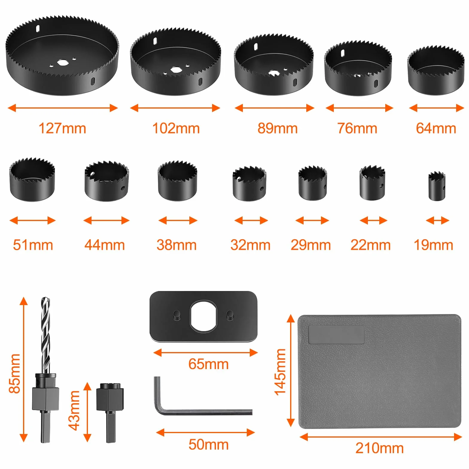 Brevanza 16 Pièces Seghe a Tazza 19-127mm, Custodia Trasporto, Chiavi Esagonali