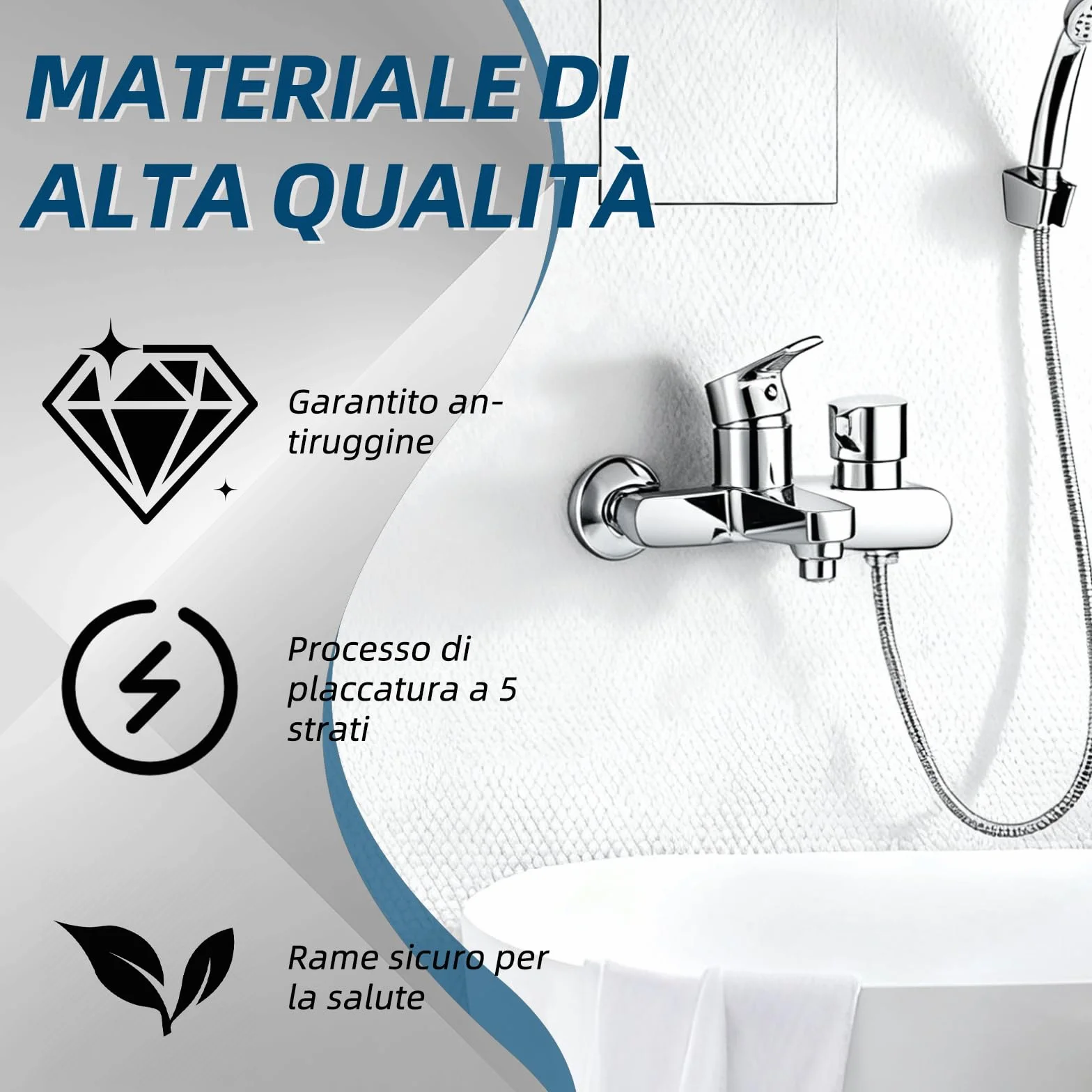 Rubinetto per vasca da bagno montaggio a parete miscelatore monocomando doccia 1/2" cromato
