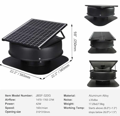 Ventilatore solare ad alto flusso d'aria – 42 W, 1470 CFM, termostato controllato per la ventilazione del tetto per casa, garage, serra, camper – soluzione di raffreddamento ad alta efficienza