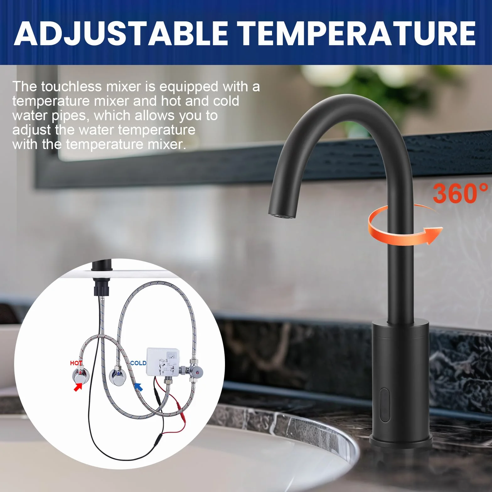 Rubinetto bagno automatico con sensore a infrarossi, miscelatore temperatura, nero