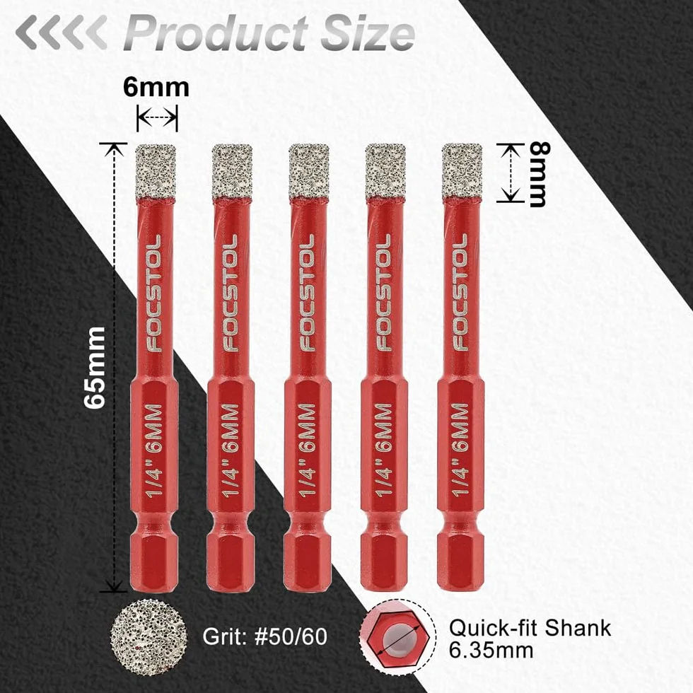 FOCSTOL Secco Punte Trapano Diamantate 5 pezzi 6mm Kit Sega a Tazza Diamantata con Attacco Esagonale per Gres Porcellanato