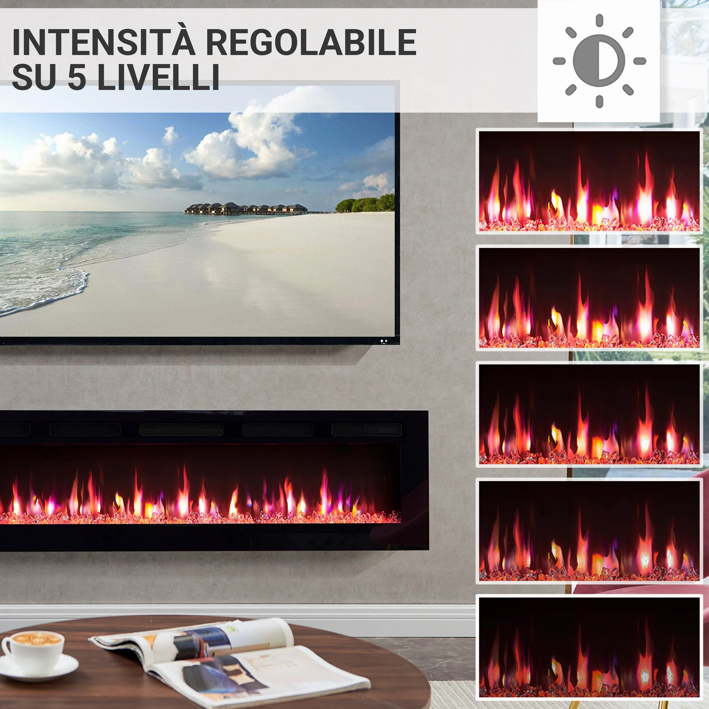 BALDERIA camino elettrico Leif 60"| Caminetto elettrico a pavimento o a muro con riscaldamento 2000 W | Effetto fiamma 3D | Focolare a terra o a parete con telecomando, timer, termostato | Nero
