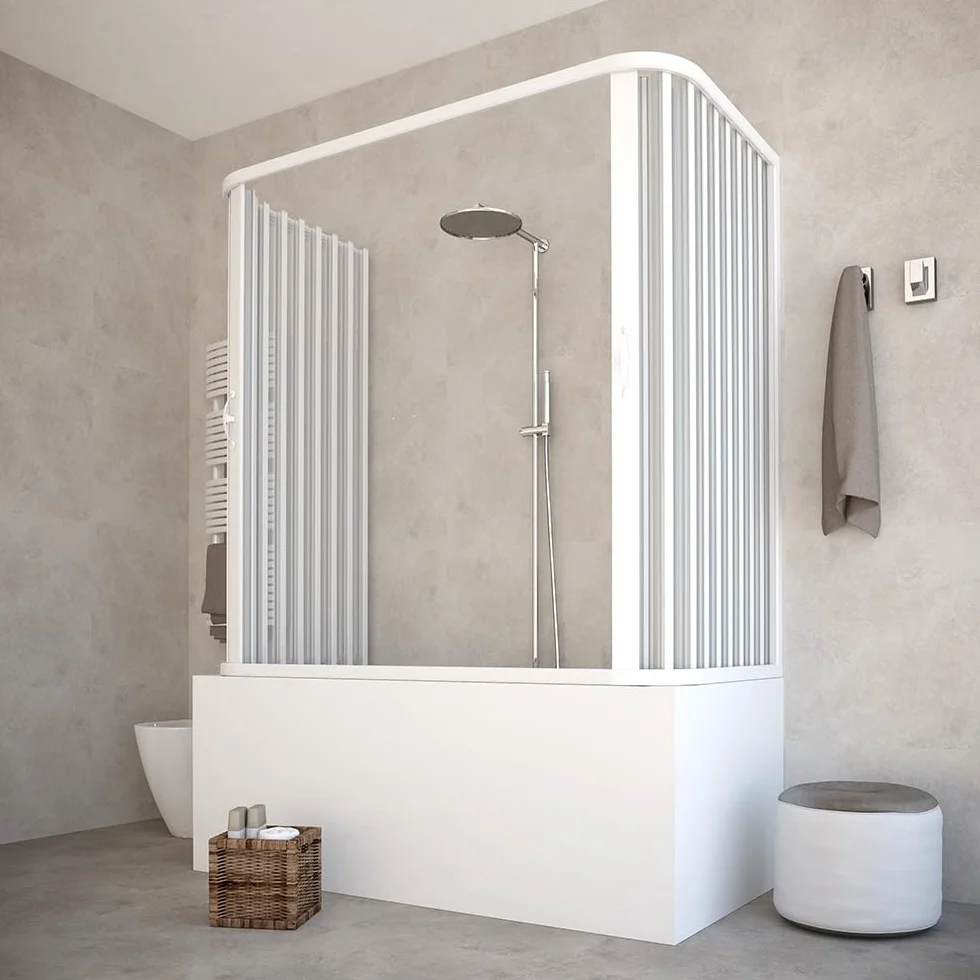 HD CASA Box Sopravasca a Soffietto 3 Ante Pannelli Semitrasparenti Profili Bianchi Cabina Doccia Salvaspazio PVC Made in Italy 70x170x70 cm