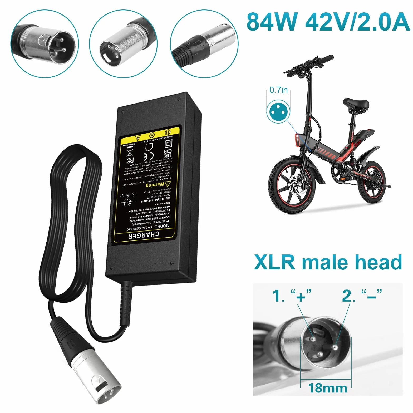 Labtec Caricabatteria 42V 36V 2A per Batteria al litio con connettore XLR a 3 pin per Bici Elettrica Monopattino Elettrico Sedia a Rotelle Elettrica