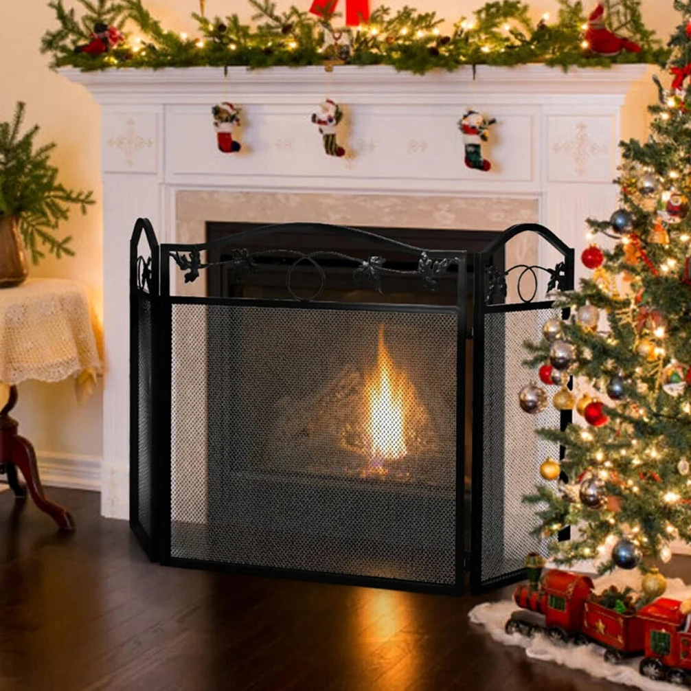 Schermi per Caminetti di Guardia Pannello camino schermo in ferro foglia foglia foglia camino tri-fold schermo partition casa forno forno decorazione Accessori per Caminetti in Rete Decorativa