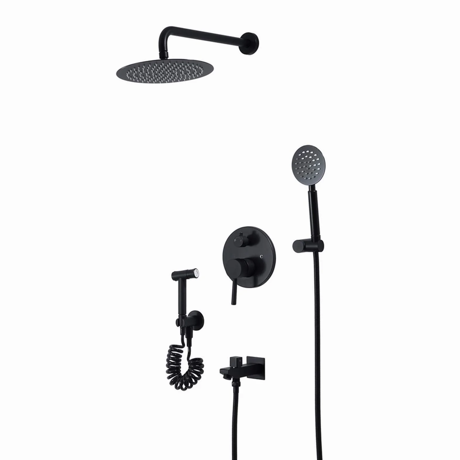 Miscelatore Doccia a Pioggia Nero, Set da Parete per Bagno, con soffione Rotondo da 10 Pollici, beccuccio per Vasca, spruzzatore per Bidet.