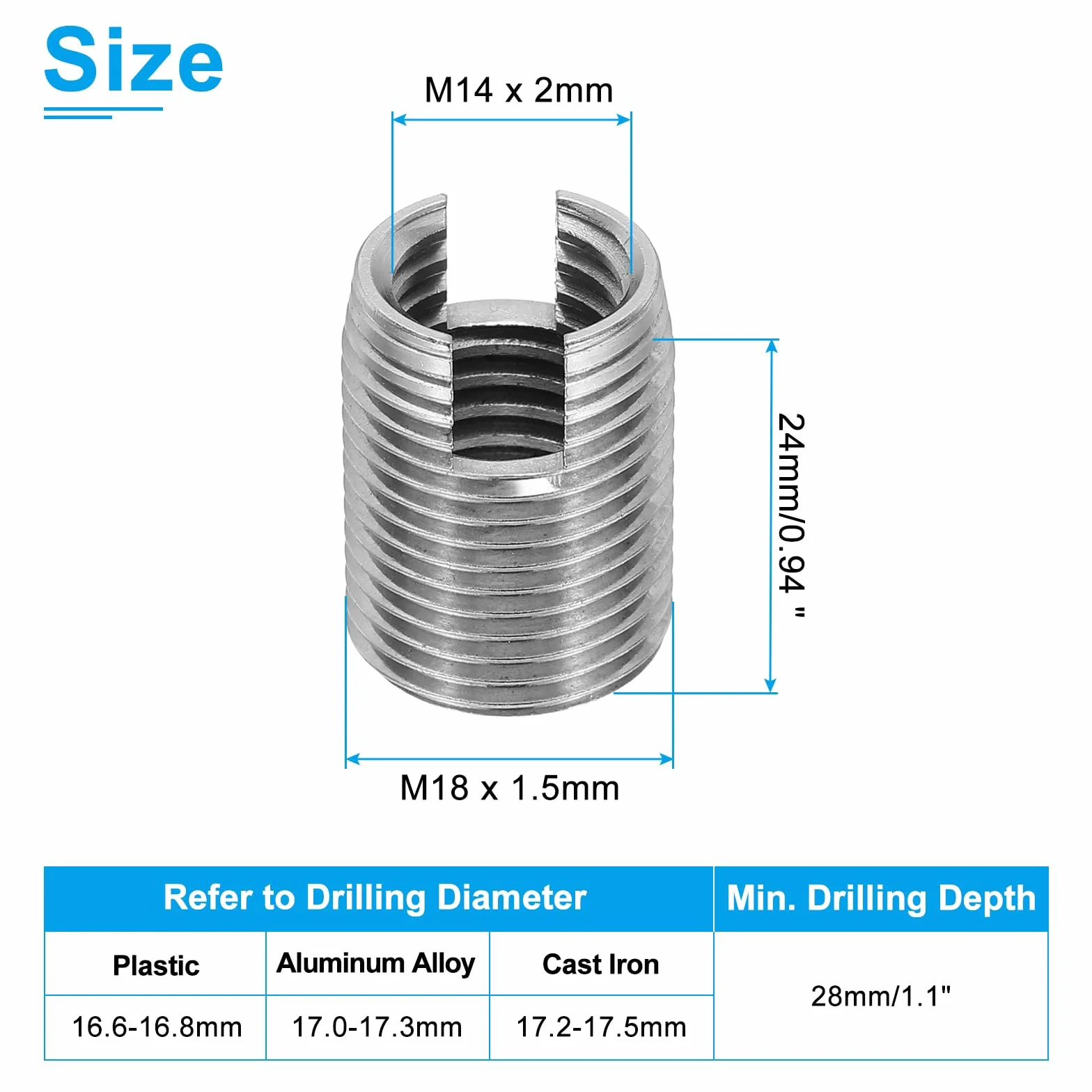 PATIKIL Inserto Filettato Autofilettante, 6 Pz M14 x M18 x 24mm Inserti Filettati 303 Acciaio Inossidabile Adattatore Filettato Riduttore Vite Scanalata Riparazione Inserimenti