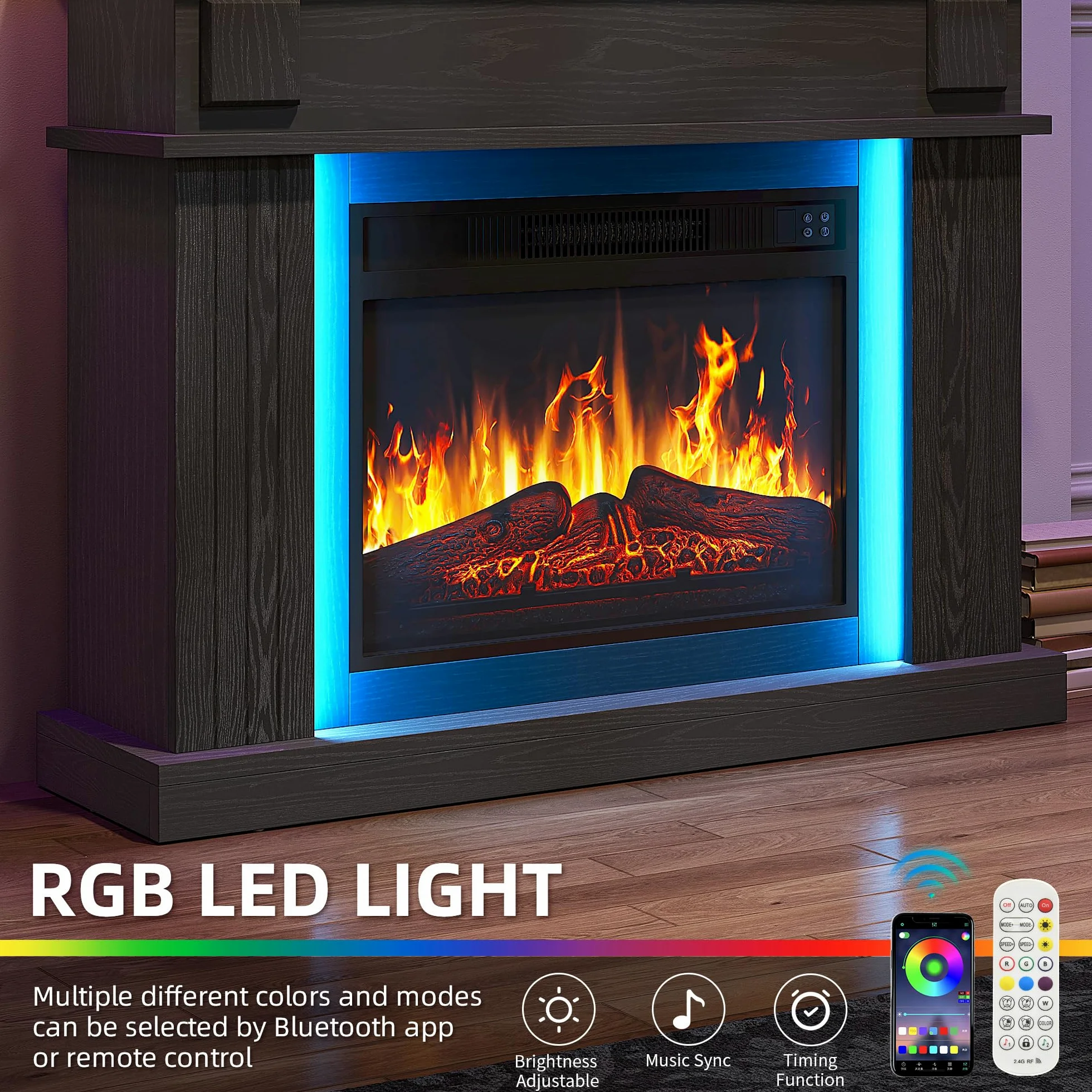 YITAHOME 39 Camino Elettrico da Terra, Effetto Fuoco 3D, Timer, Nero | Camino Finto Decorativo LED d'ambiente, Caminetto Elettrico da Terra con termostato e telecomando, 100X26X80.5CM
