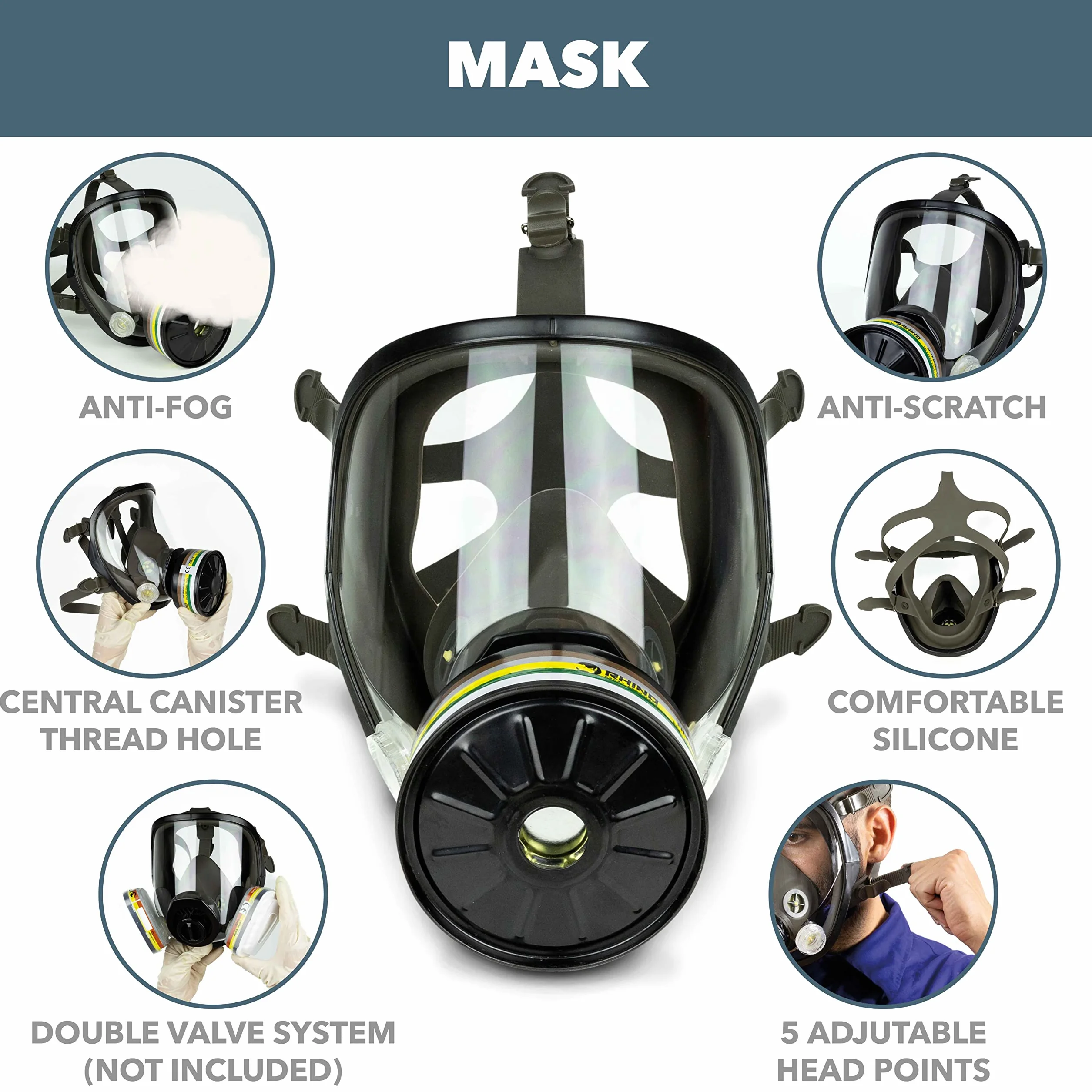 RHINO Maschera antigas integrale riutilizzabile RH-7011B con filtro e guanti di sicurezza