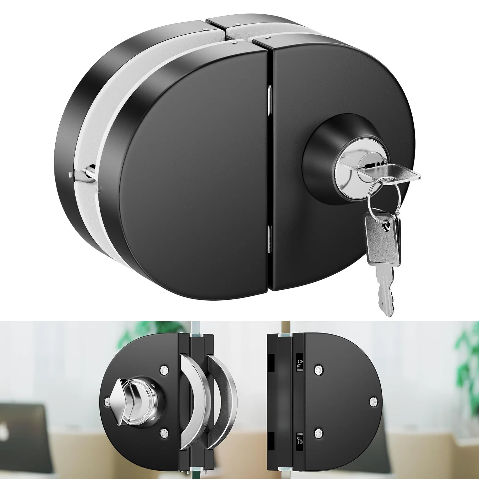 Serratura per porta in vetro senza fori, finitura nera opaca, con chiave e pomello, compatibile con vetro temperato 10-12 mm, installazione rapida, design moderno anti-effrazione, acciaio inox 304.