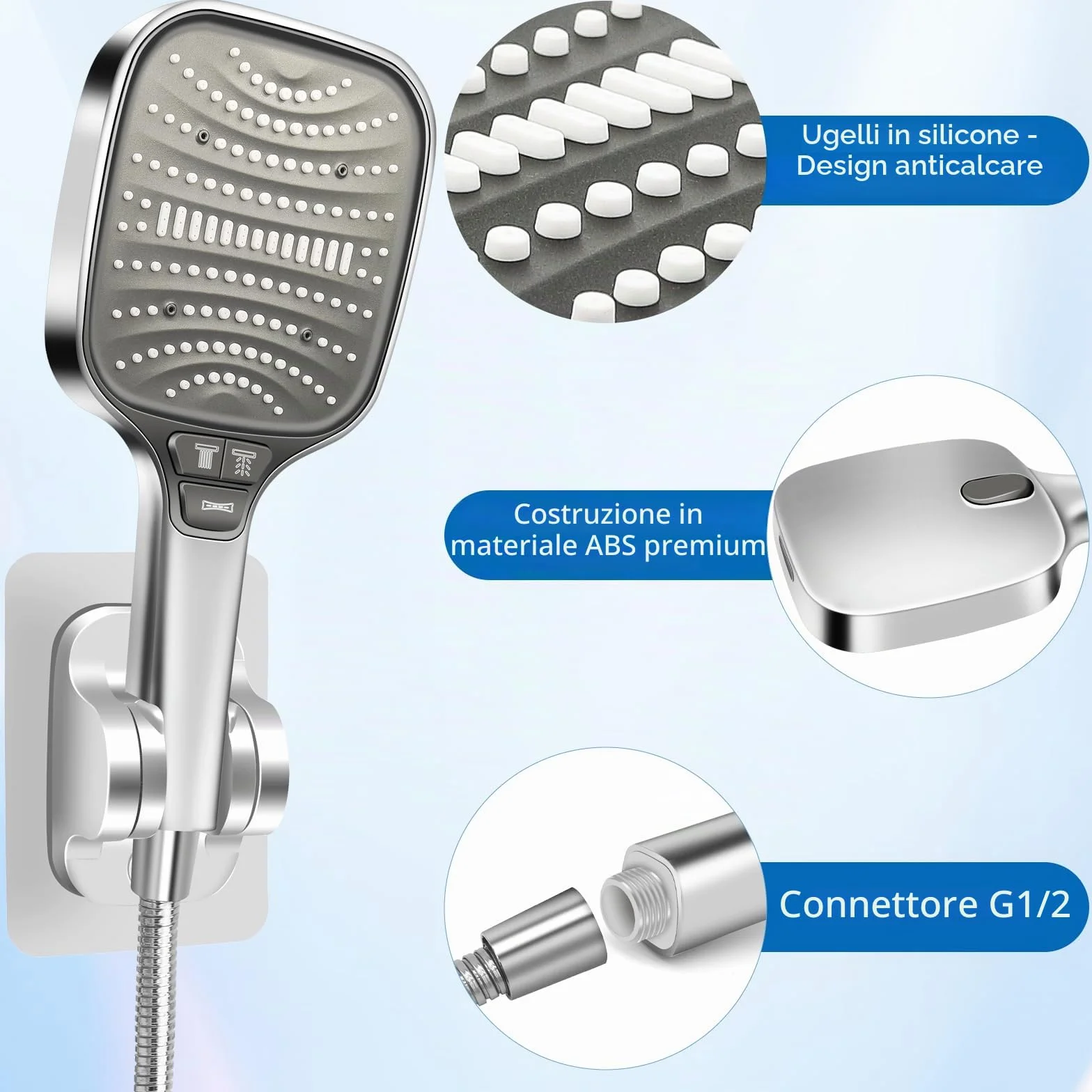 HNOOM Kit Doccia Completo, Soffione Doccia Quadrato 120mm Alta Pressione + Tubo 1.5M + Supporto Senza Fori, 8 Modalità, Anticalcare, Universale per Doccia Bagno（Argento）