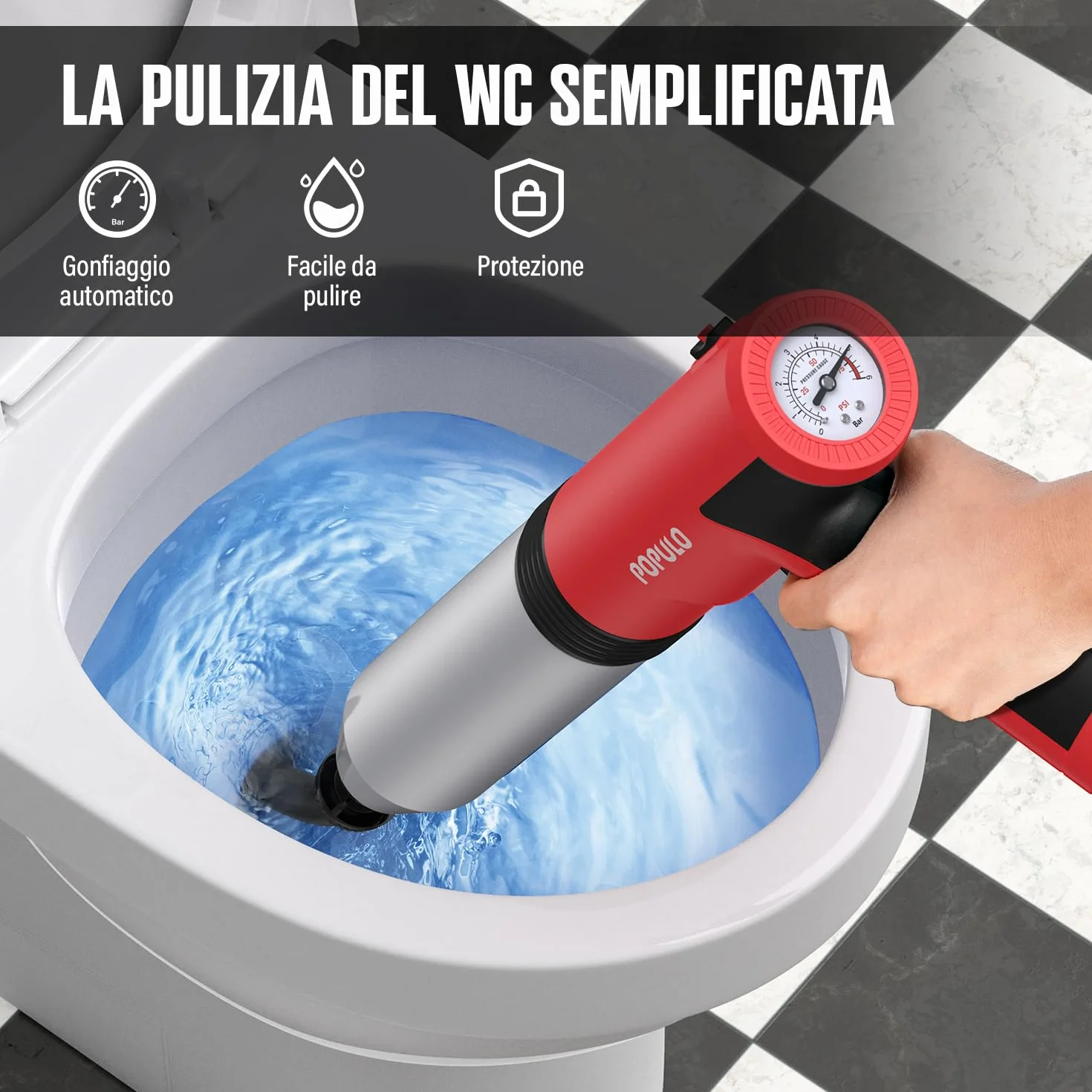 POPULO Stantuffo elettrico per WC Swift, alta pressione, bagno, doccia, rimozione intasamenti