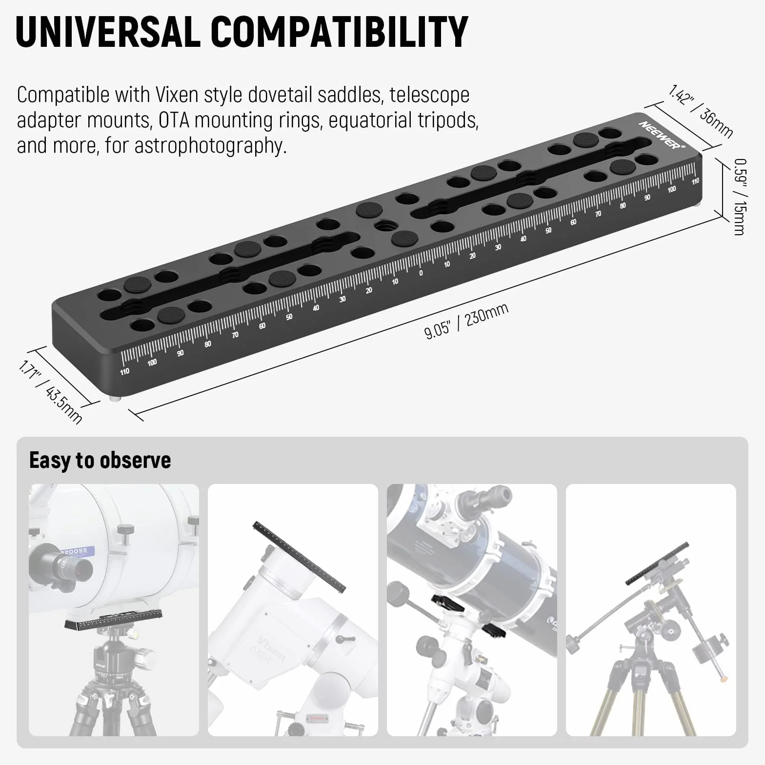 NEEWER 230mm Barra di Guida Piastra a Coda di Rondine Stile Vixen, Piastra di Montaggio in Metallo Sella con M6 1/4" 3/8" Vite per Telescopio Adattatore OTA Equatoriale Treppiede Astrofotografia,QR003