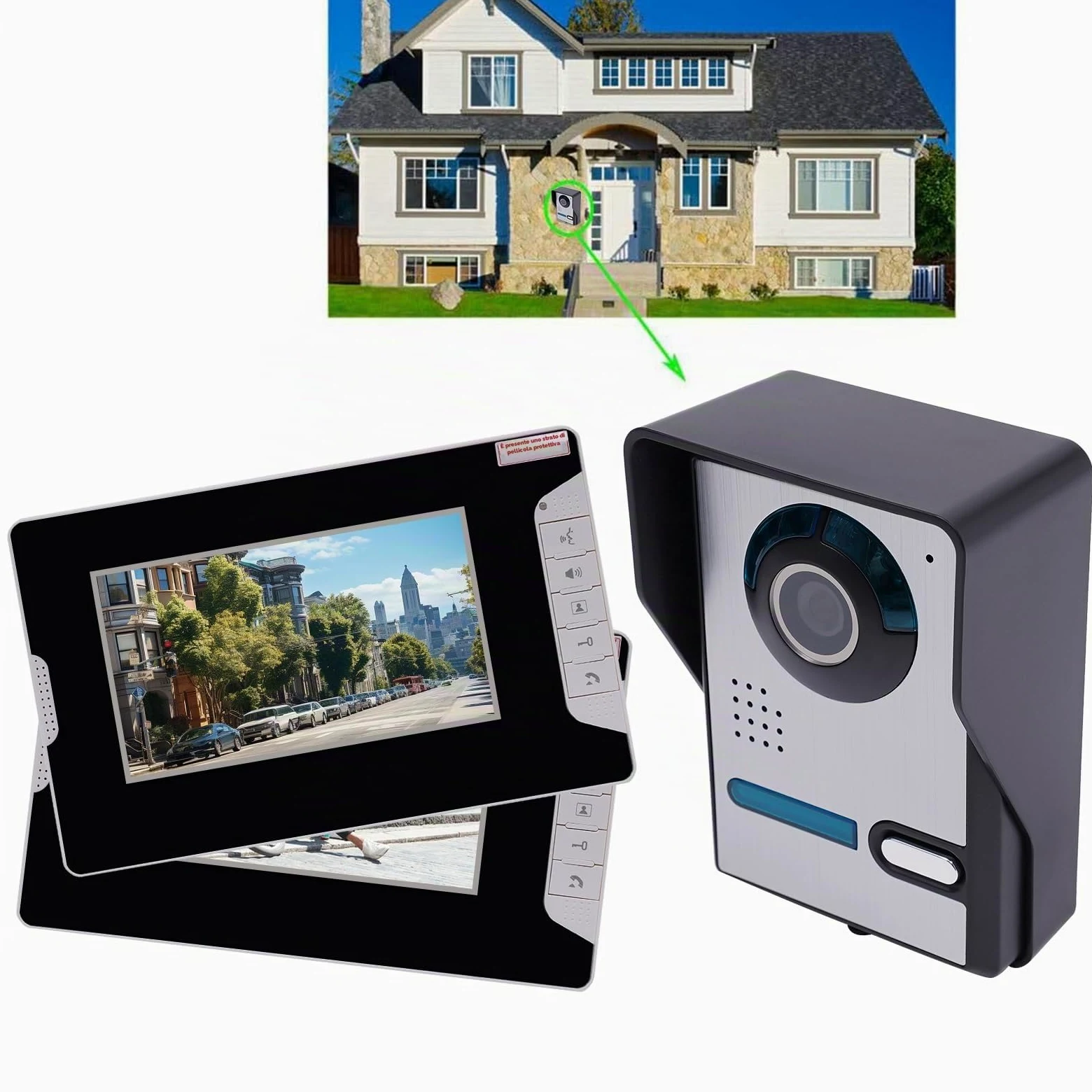 Citofono Video Domestico Videocamera Campanello Monitor Kit Casa Familiare Telefono Porta Filo Audio Videocitofono Senza Fili Esterno Telecamera Suoneria Rilevamento Campanello Monitor