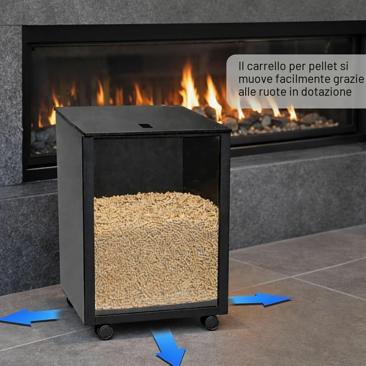 MS Beschläge Pellet Box in metallo nero con ruote e parabrezza, contenitore mobile per pellet con coperchio, per stufa a pellet e camino, robusto carrello a pellet per pellet di legno fino a 35 kg