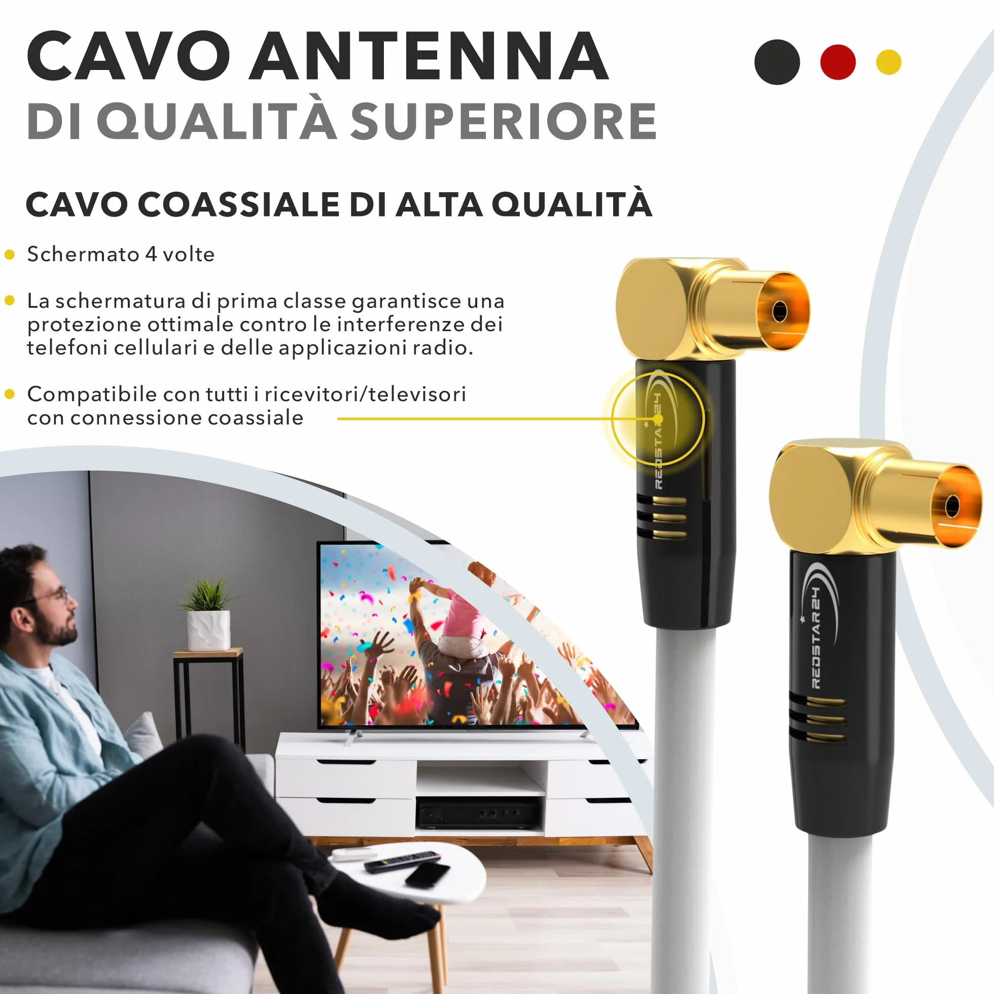 RedStar24 Cavo Antenna 5m Bianco - 90° Angolato Coassiale | Maschio a Femmina - Premium per TV via Cavo | Compatibile Con TV, Radio, DVB-T/T2, DVB-C, DAB