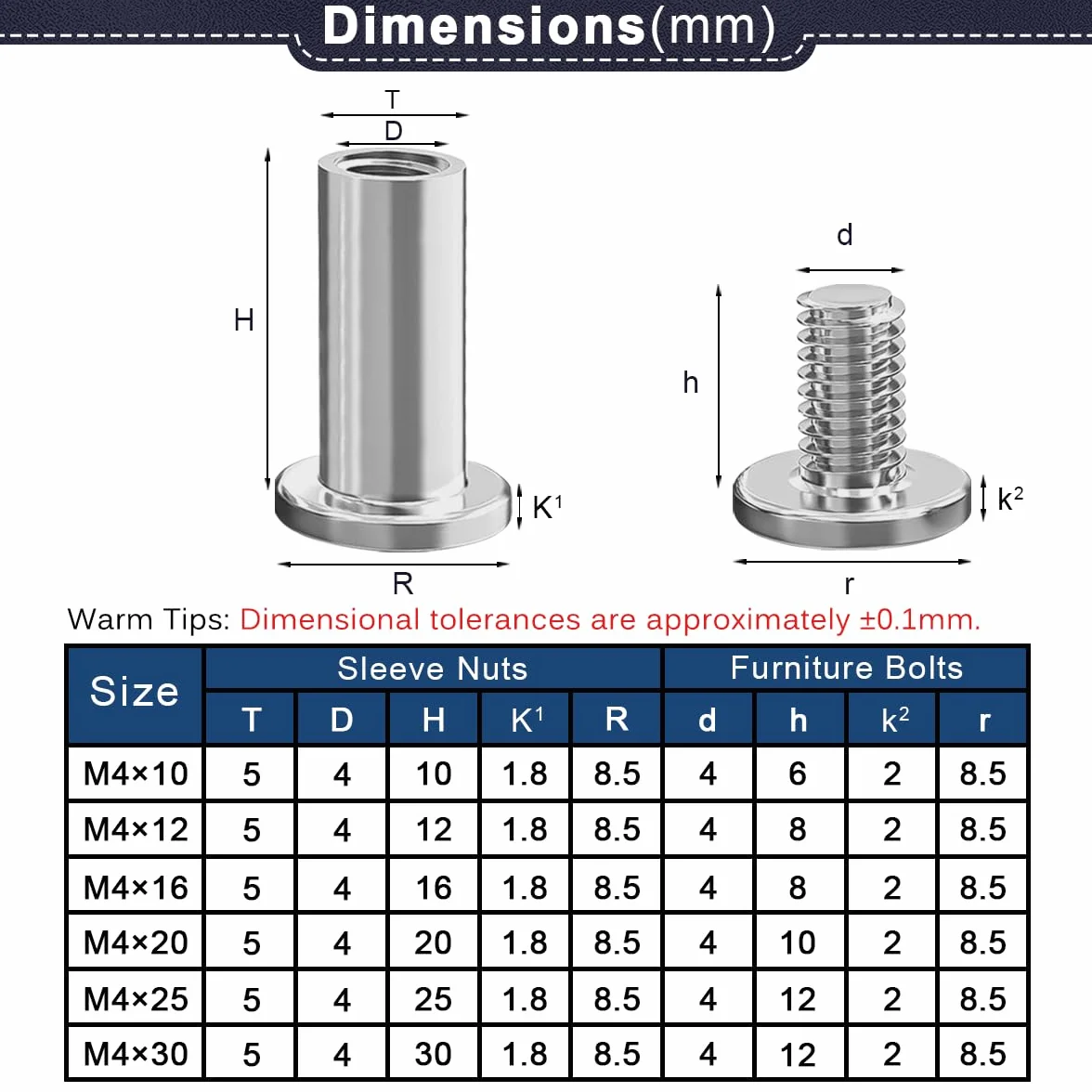 Drenky Viti Di Collegamento M4 In Acciaio Inox A2 V2A Dado A Manicotto M4x20mm Per Mobili, Armadi, Tavole Di Legno, 10 Pezzi