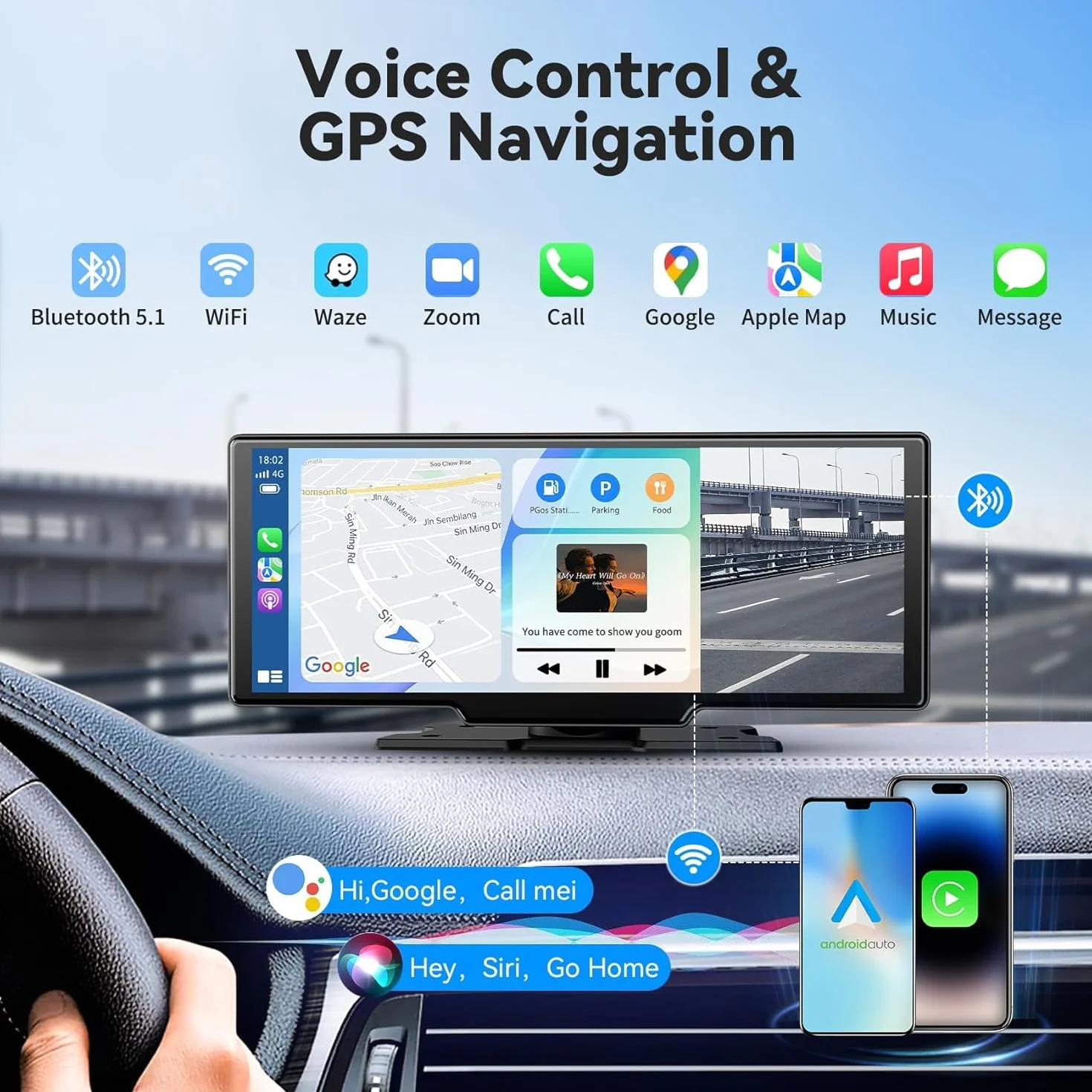 Carplay Display Android Auto Display da 10,26 pollici Wireless Android Auto Display per Auto Touch Screen con Dash Cam, Telecamera di retromarcia, Bluetooth,Siri,Bluetooth,FM, AUX,Mirror