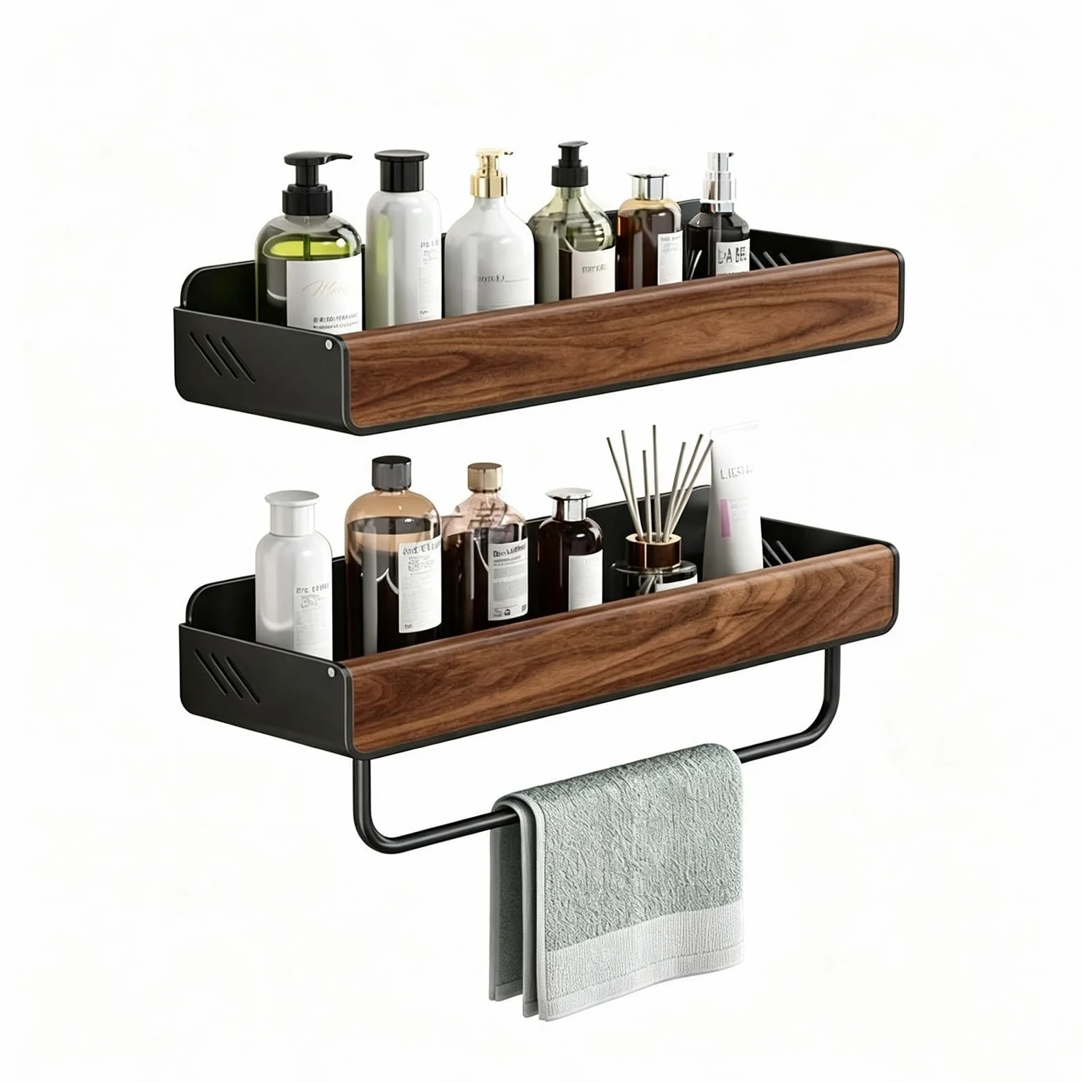 Organizer Da Bagno A Parete Senza Fori, Portasciugamani Doccia In Acciaio Al Carbonio Effetto Legno Per Bagno, Doccia, Cucina(400mm)