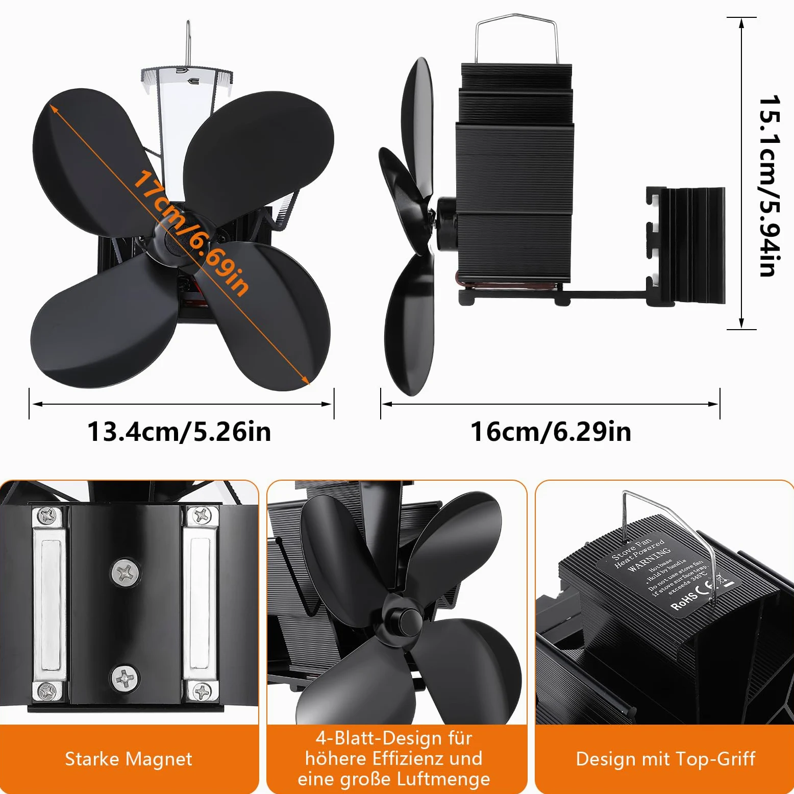 Hanaoyo Ventilatore per camino, magnetico, migliorato senza corrente, silenzioso, ventilatore per legna da ardere, focolare e stufa, ventilatore per canna fumaria con 2 anelli di ricambio