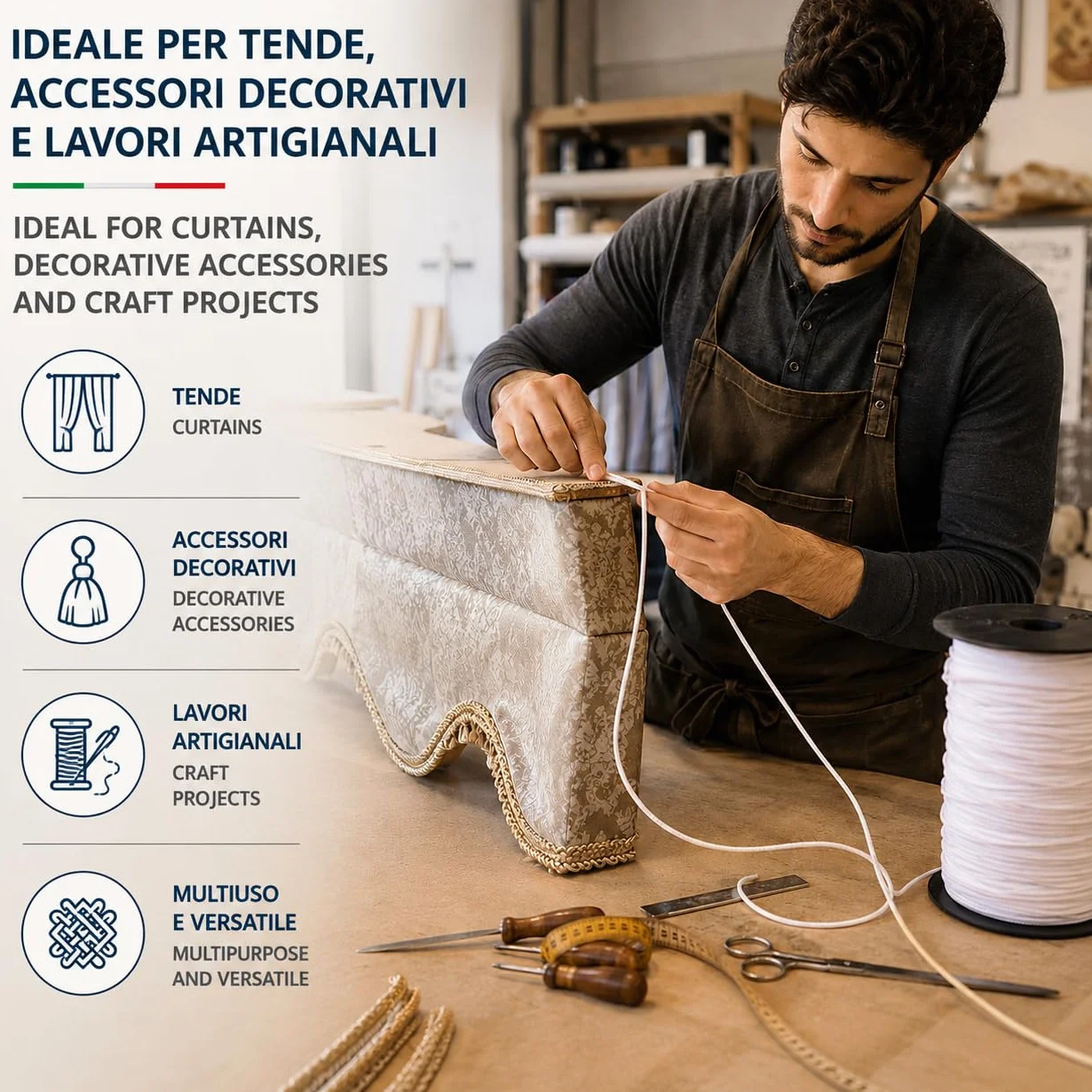 IPEA Treccia per Veneziana Bianca 3 mm in Nylon – [ 50 METRI ] – Made in Italy – Corda per Tende a Pacchetto, Mantovane, Tapparelle, Accessori, Fai Da te – Cordino Bianco Multiuso - Spessore 3 mm