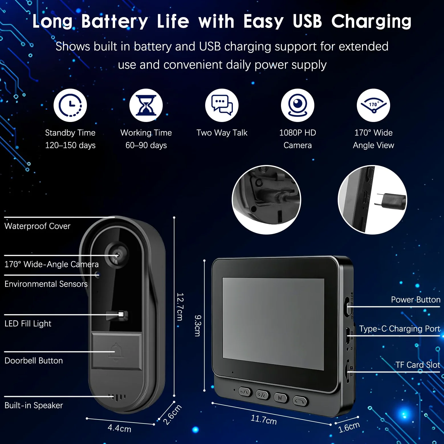 Videocitofono senza fili con videocamera e display IPS da 4,3 pollici, visione HD 1080P, angolo ampio a 170 gradi, visione notturna, audio bidirezionale e resistenza agli agenti atmosferici IP65