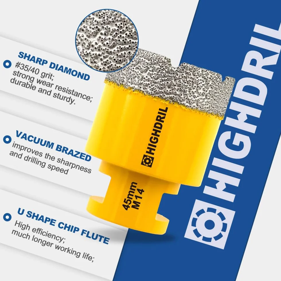 HIGHDRIL Punta per Trapano Diamantata 12mm Filettatura M14 Foratura Secco Piastrelle Ceramica Granito Marmo