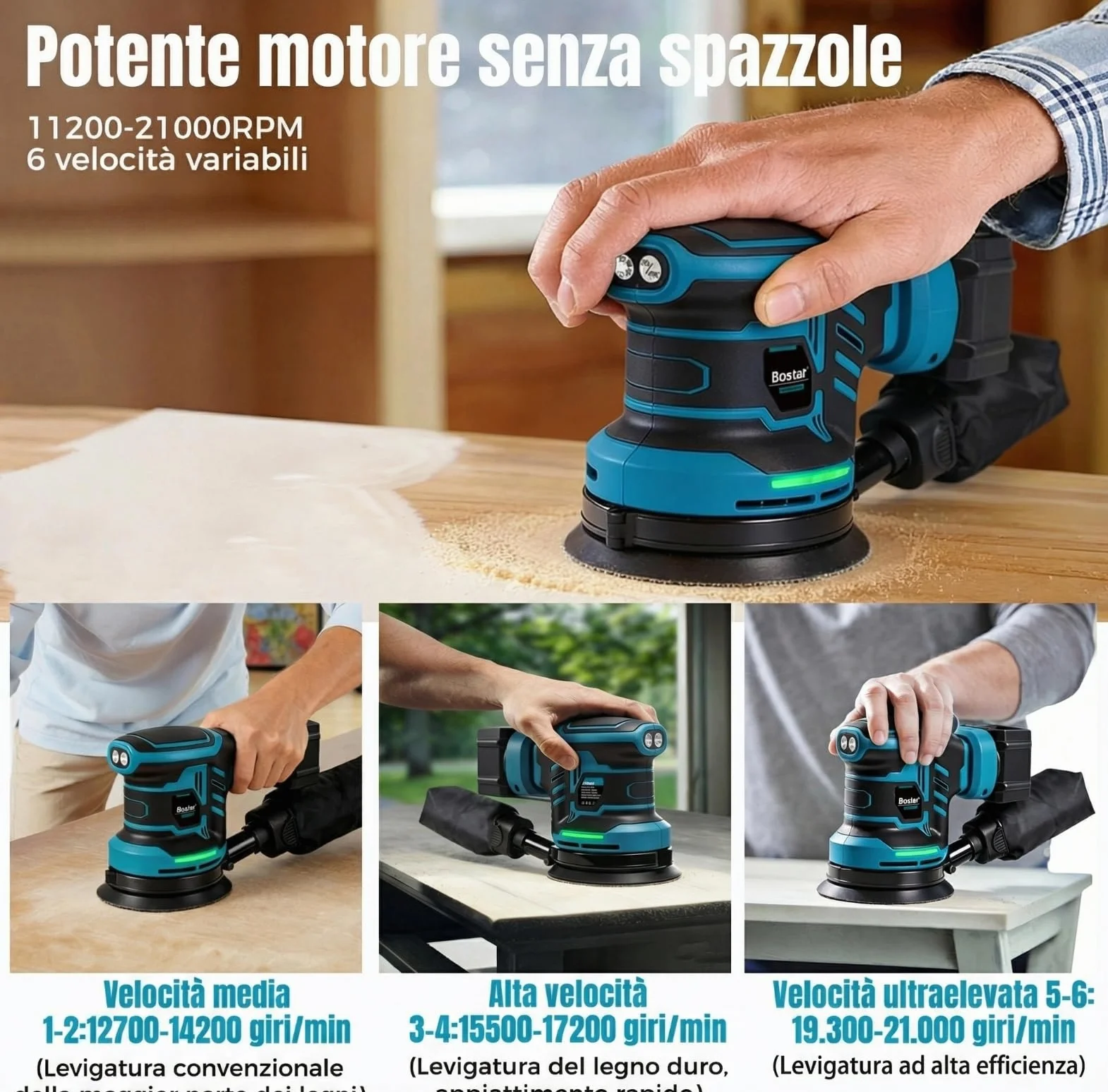 Bostar Levigatrice Rotorbitale a Batteria 18V, Ø125mm Motore Brushless, 2 Batterie 3.0Ah, Max. 21000 Giri/min, 6 Velocità, Sacco Polvere, Levigatrice Orbitale per Legno e Auto, Compatibile Makita 18V