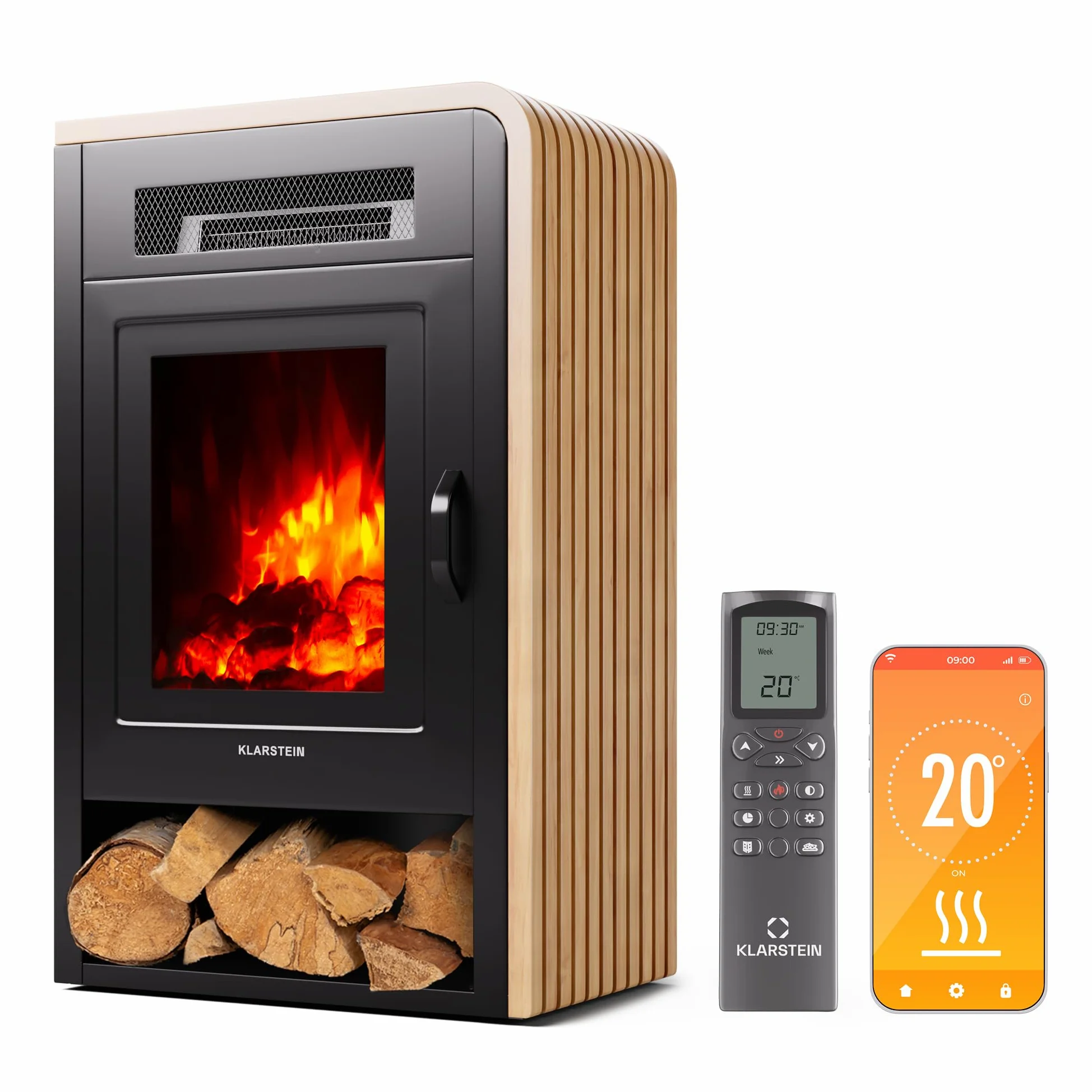 KLARSTEIN Camino Elettrico Basso Consumo, Camino da Terra con Mensola, Elettrico da Parete, Caminetto 1900W, Finto Decorativo con LED, Telecomando, Timer, Controllo Temperatura