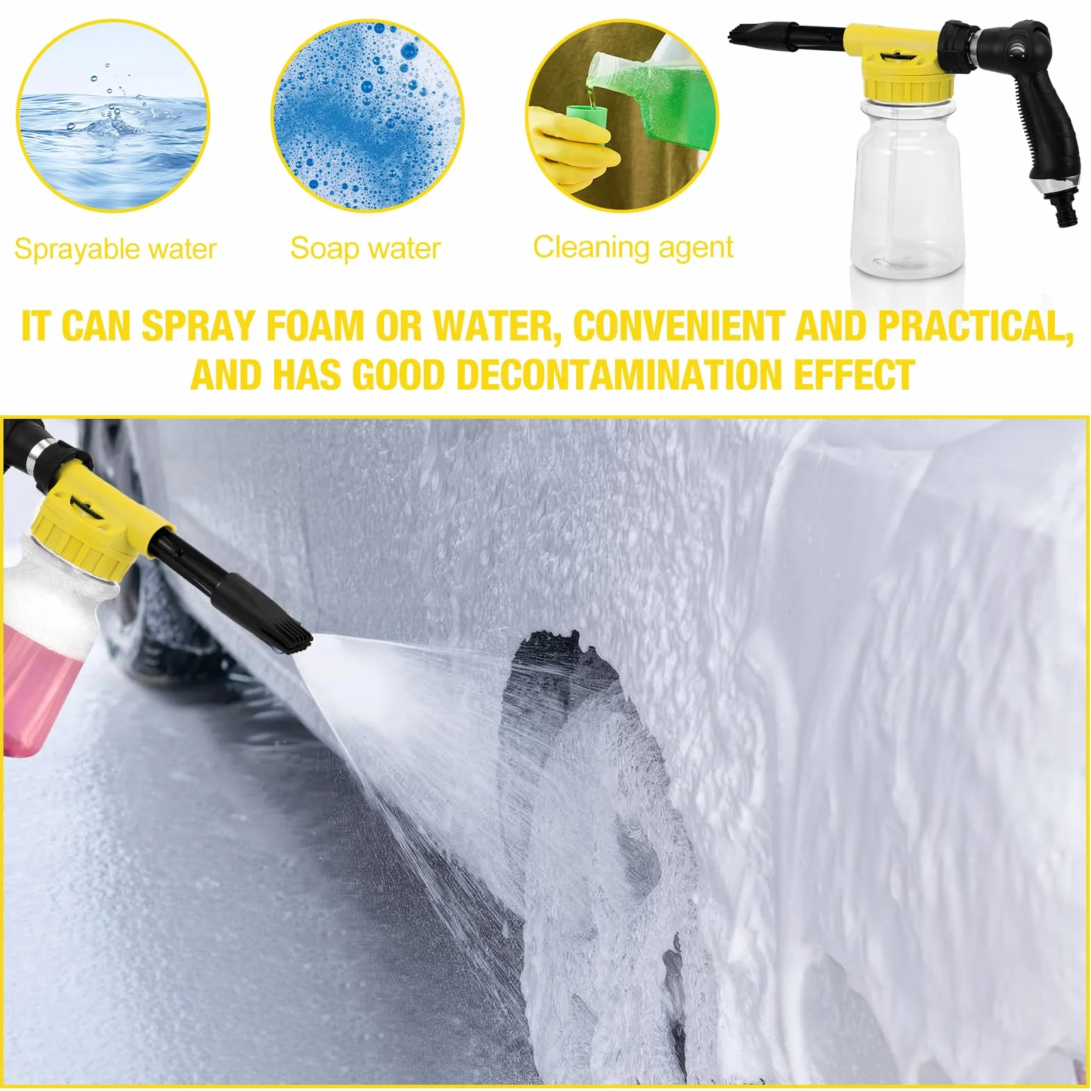 Foam Gun Car Wash 1000ml, 2 in 1 Lancia Schiuma Regolabile, Pistola Schiuma per Pulizia Auto Cannone Schiuma Attacco Tubo da Giardino per Pulizia Auto e Moto Giardini (Giallo)