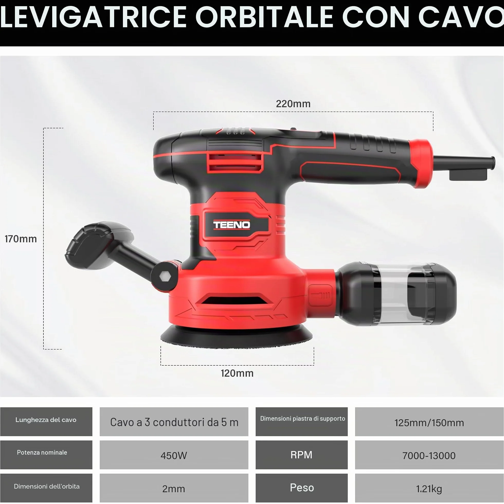 TEENO Levigatrice Orbitale 450W con 6 Velocità, Ø125/150mm, 13000 RPM,20 Dischi Abrasivi, Contenitore Polvere, Cavo 2 m – Con Occhiali e Guanti – Per Legno, Metallo, Plastica