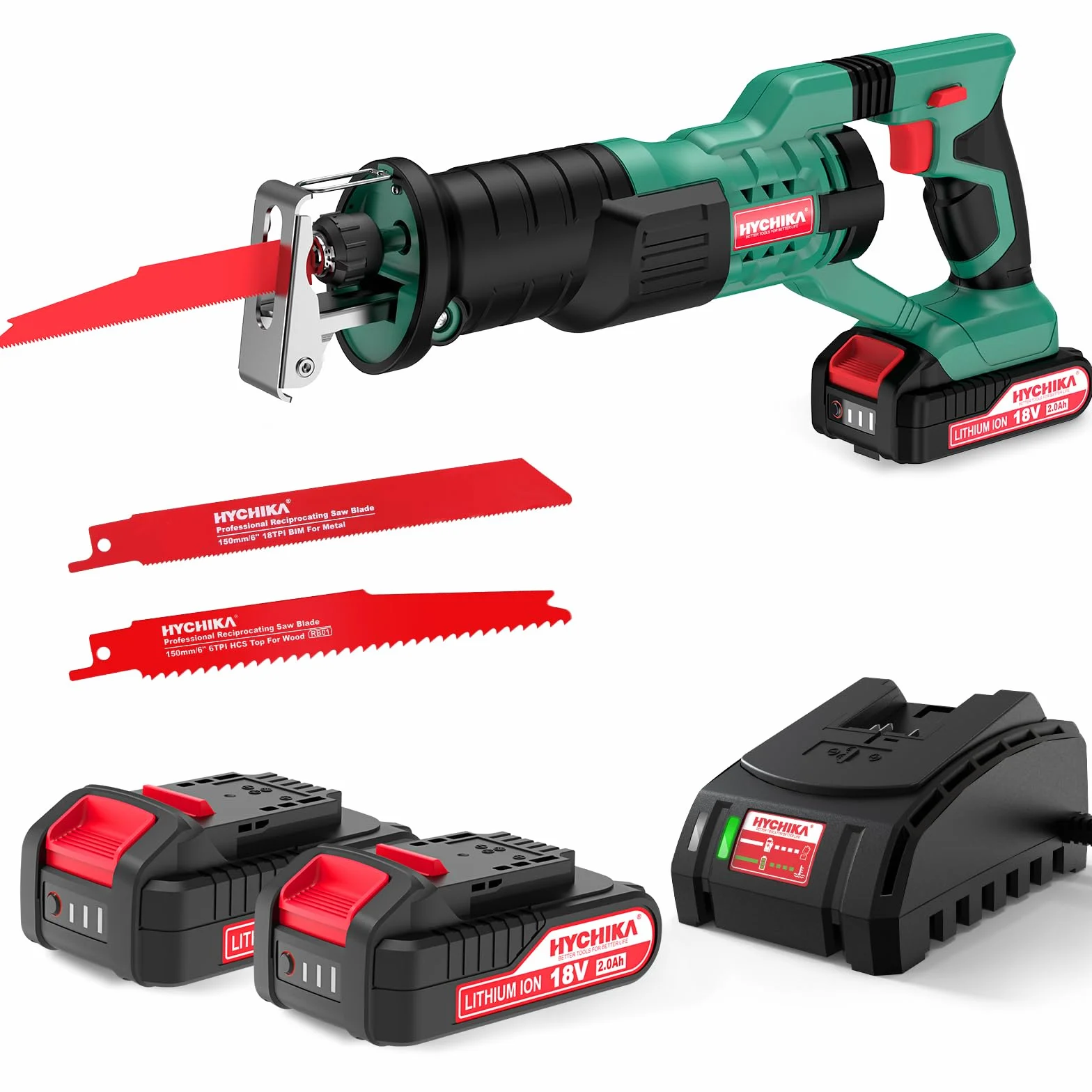 HYCHIKA Sega a Gattuccio, Seghetto A Batteria 18V, 2 batterie 2,0Ah, Velocità Variabile 0-2800 SPM, 2 Lame, Caricabatterie rapido, Luce LED, Adatto per Tagliare Legno e Metallo