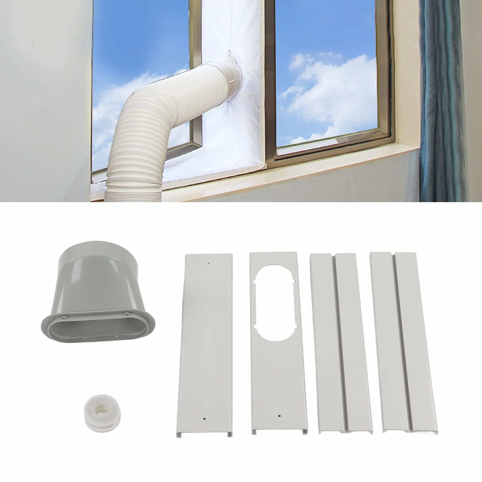 Kit Finestra per Condizionatore Portatile Regolabile 43-140cm con Adattatore 130mm PVC Include 4 Deflettori Viti e Striscia Fissa