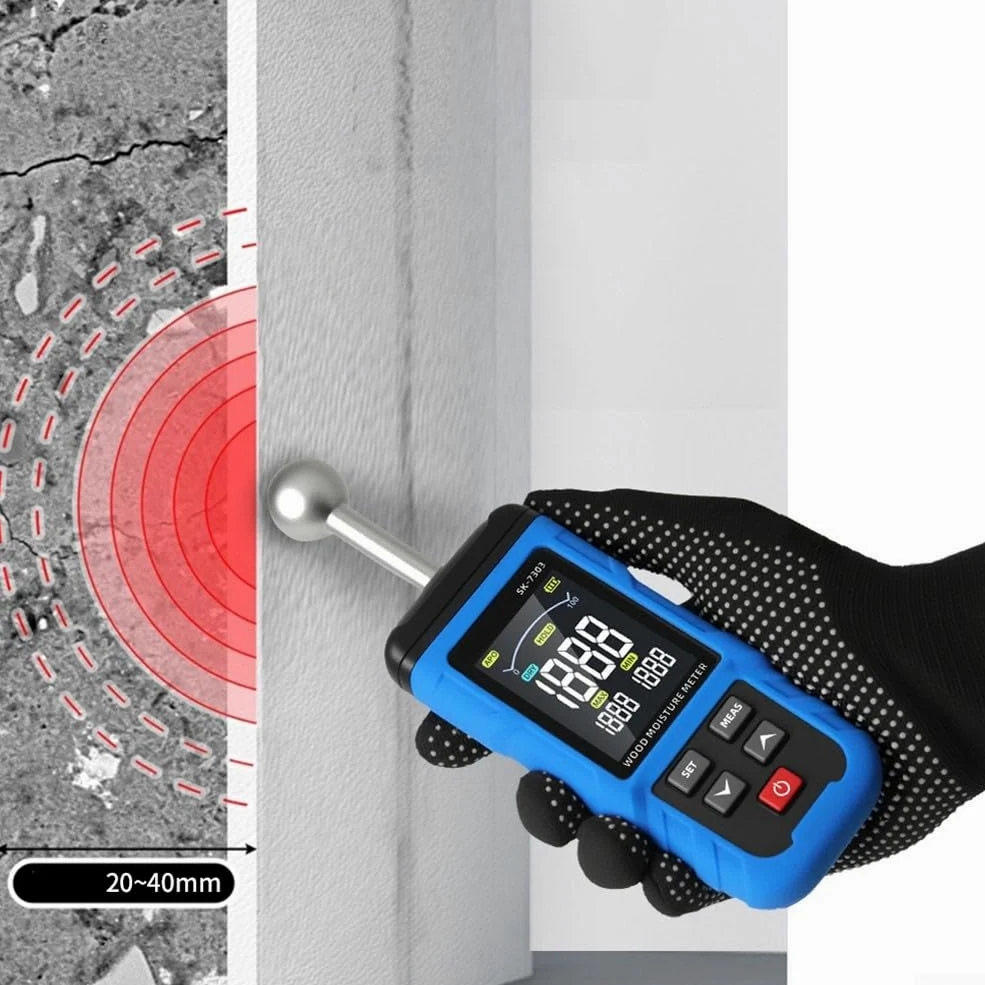 Misuratore di umidità non distruttivo, 208 x 64 x 30 mm, per test su pareti e legno, con sensore induttivo e display trasparente, struttura in plastica portatile per costruttori e uso fai da te
